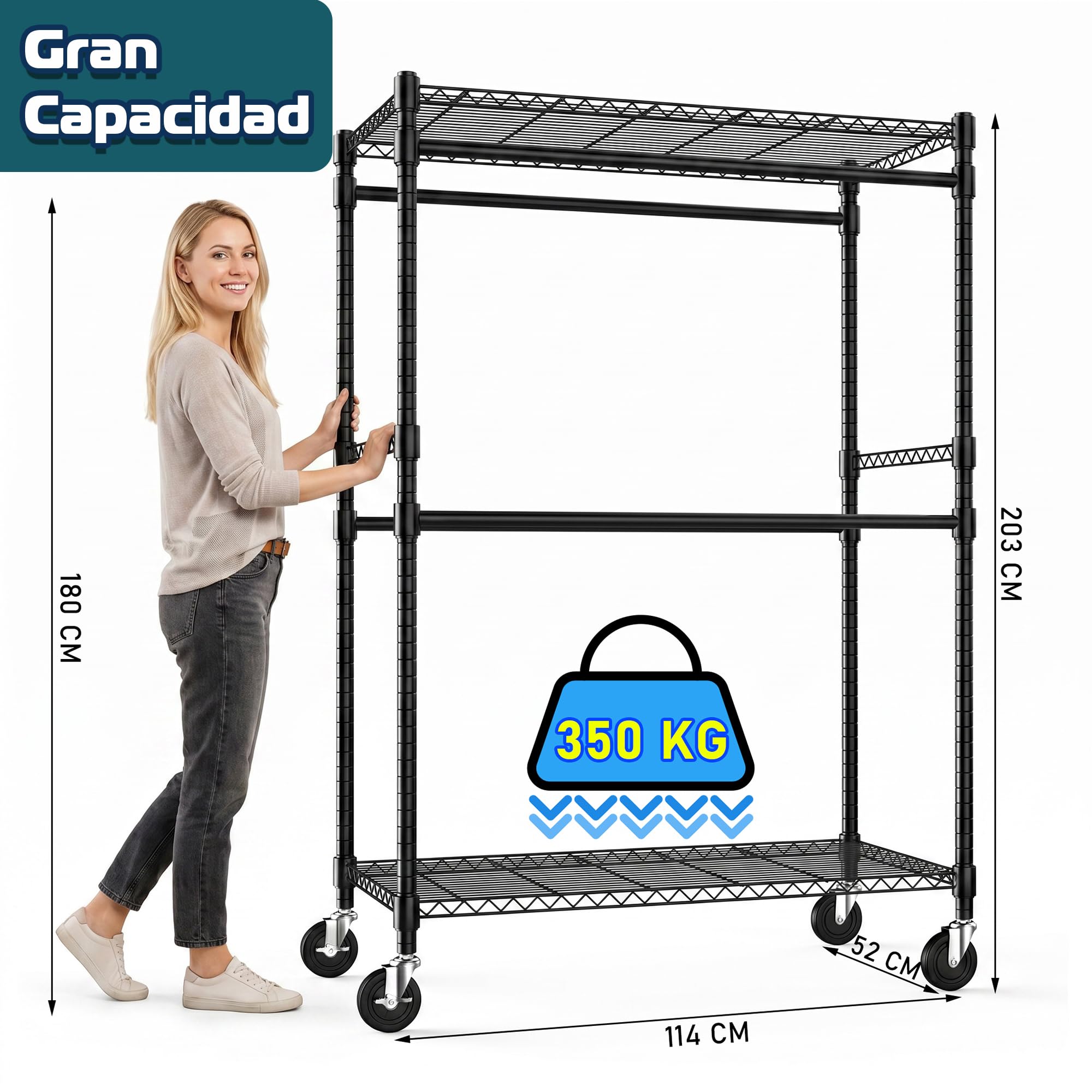 Himimi Burro Perchero de Ropa Resistente con Ruedas, Perchero Doble Altura con 4 Barras y Estantes Ajustables, Perchero Abierto para Dormitorio, Vestidor, Lavandería y Balcón, 114 x 52 x 203 cm, Negro