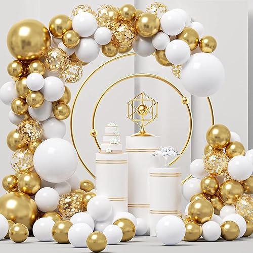 Kit de guirnalda de globos blancos y dorados, kit de arco de 124 piezas con globos de confeti blancos y dorados, globos de látex brillantes y