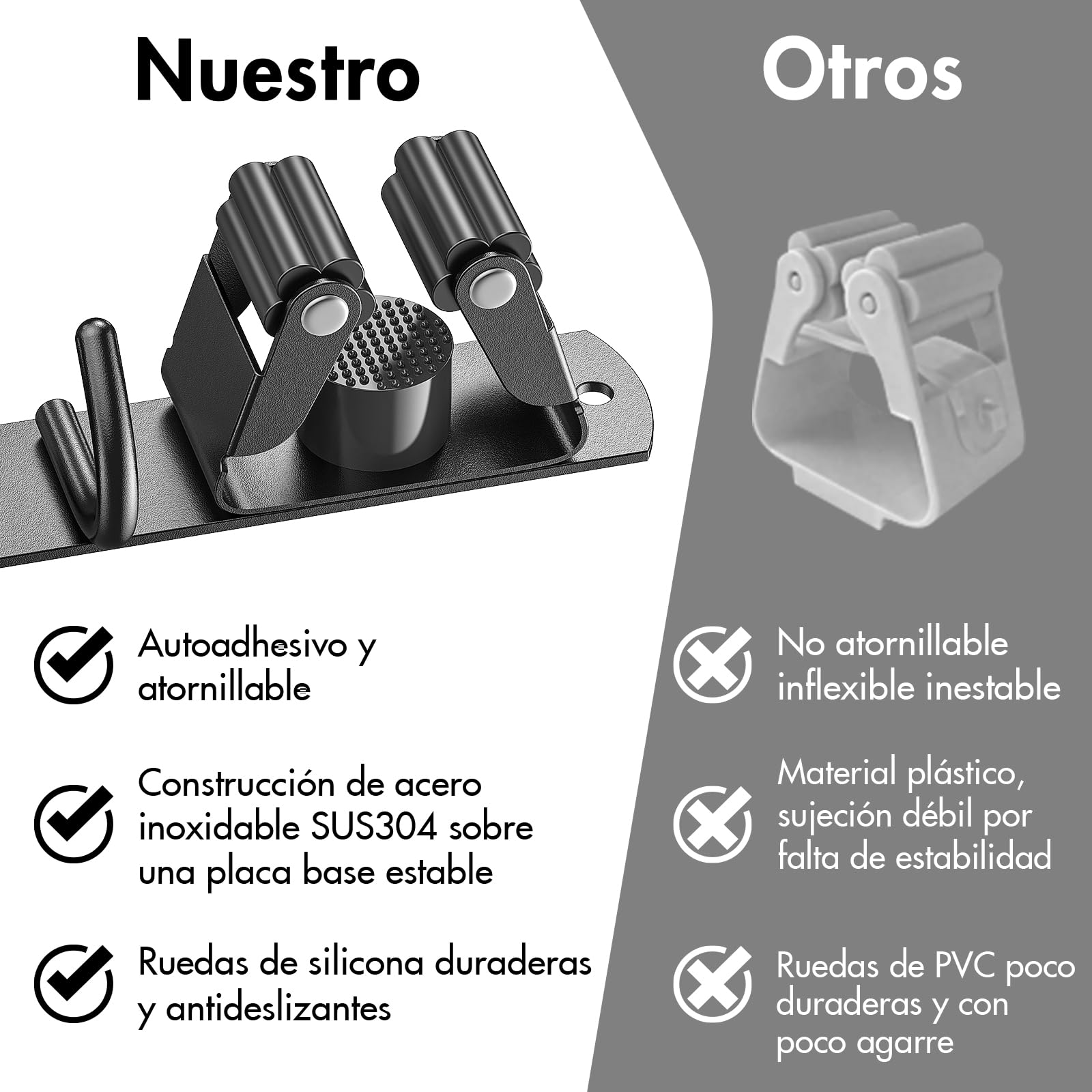 Radikor Colgador Escobas y Fregonas, Soporte Escobas Pared Adhesivo con 3 Soportes y 2 Ganchos, Sujeta Escobas Pared Atornillable, Portaherramientas de Jardín, Soporte para Fregona Escoba, Negros