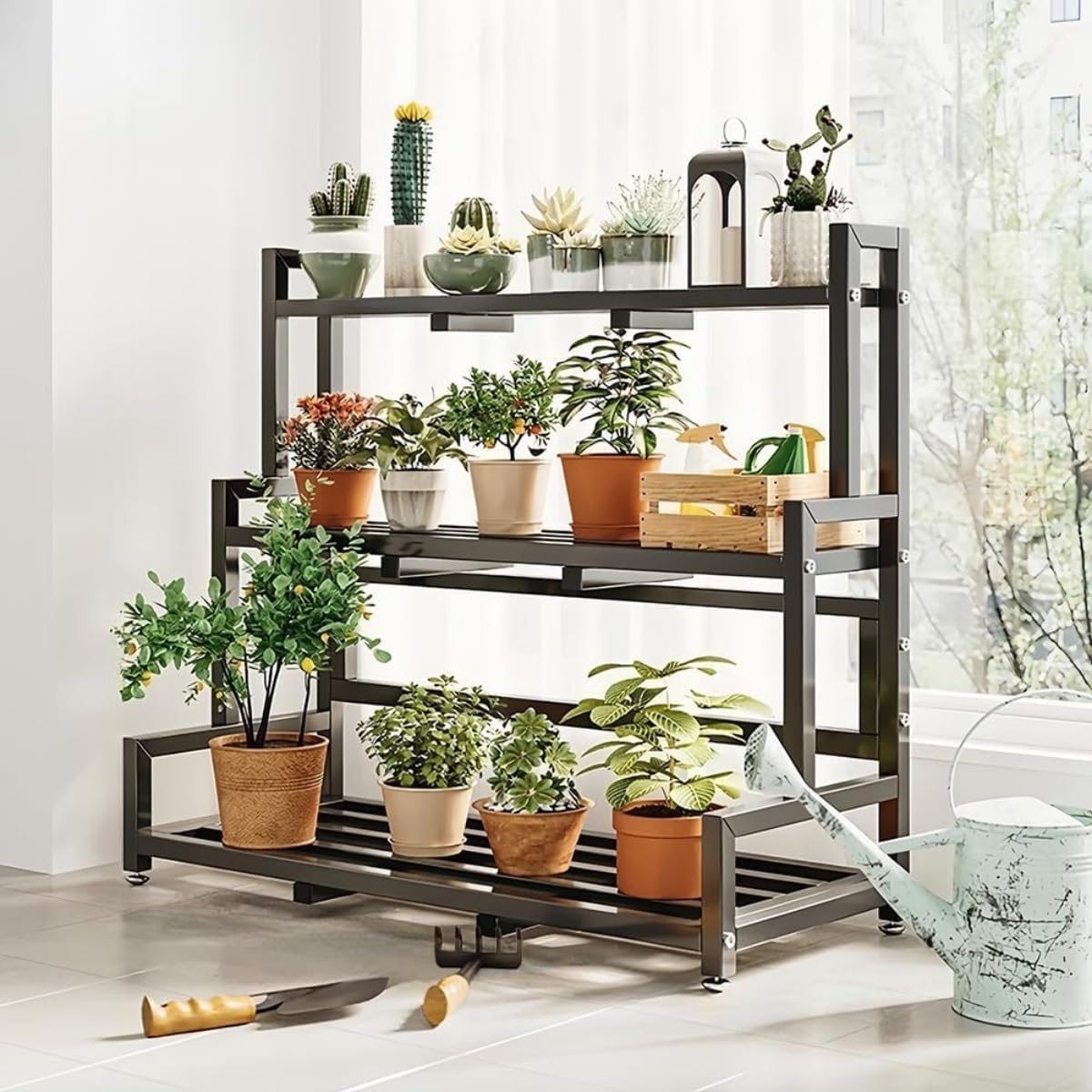 Quirix フラワースタンド 屋外 室内 プランターラック 2段 吊り鉢 吊り下げ ガーデンラック 落下防止 組立簡単 高い耐荷重