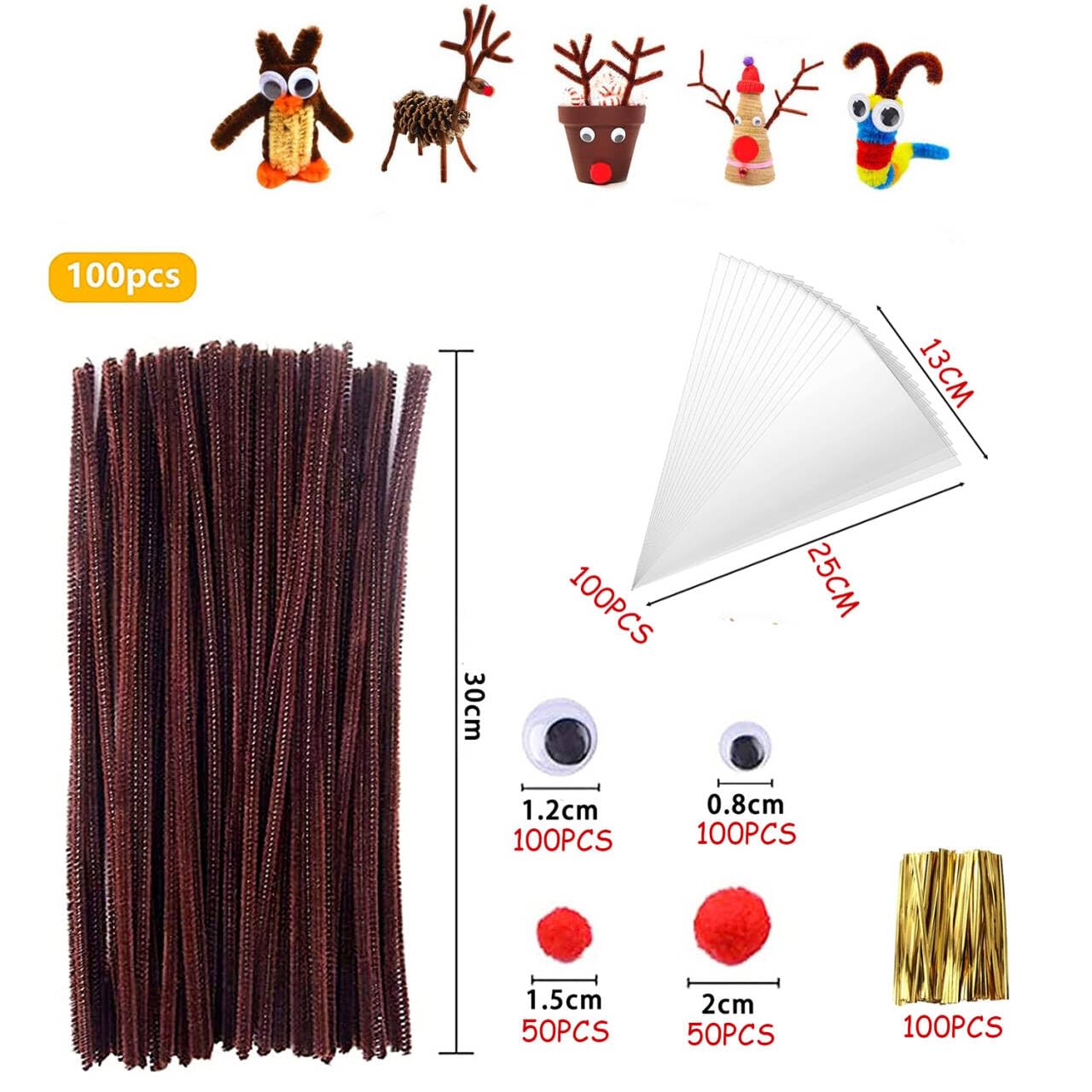 Set Scovolini Marroni Da 500 Pezzi, Scovolini Per Artigianato, Pon Pon Rossi, Occhi Artigianali Autoadesivi, Sacchetti Di Caramelle Trasparenti, Per Natale Fai Da Te Fatti A Mano