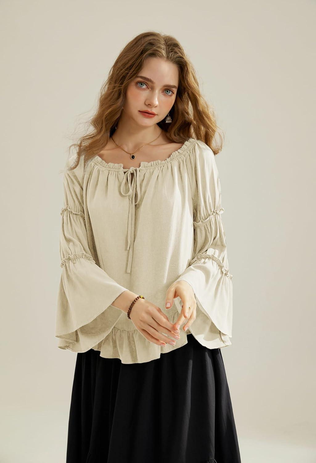 Scarlet Darkness Women Bell Sleeve Tops Ruffle Off Shoulder Casual Loose Renaissance Peasant Blouse - Image 2