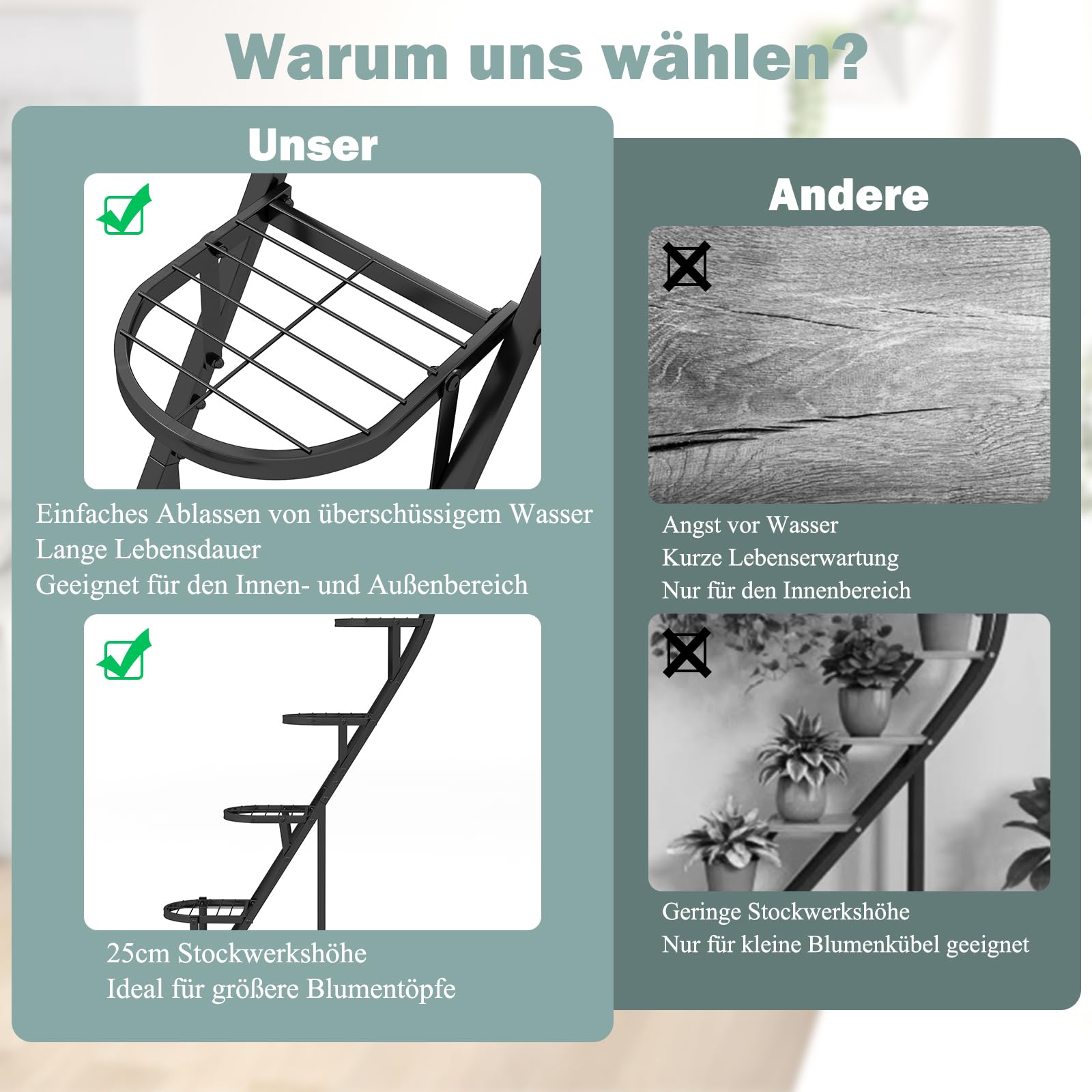 GOPLUS 5-stufiger Metall-Pflanzenständer in Herzform, Pflanzenregal mit 4 Aufhängehaken, Lamellenablagen, wandelbarer Blumenständer, Leiter Pflanzenregal für Wohnzimmer, Balkon (Schwarz)