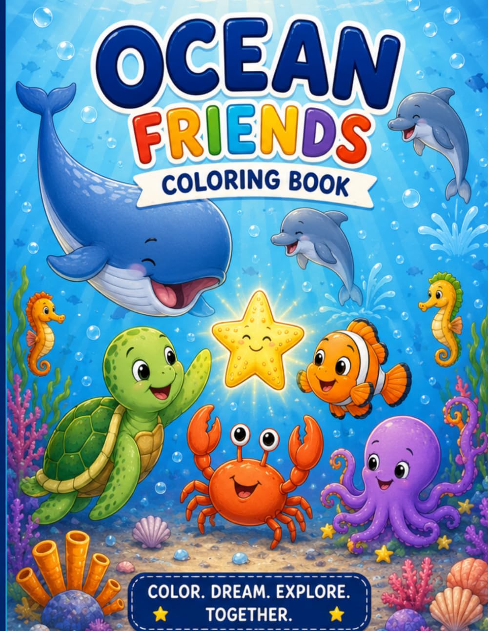 Ocean Friends Coloring Book: Cute Sea Animals, Underwater Adventures And Fun Ocean Story For Kids 3-7