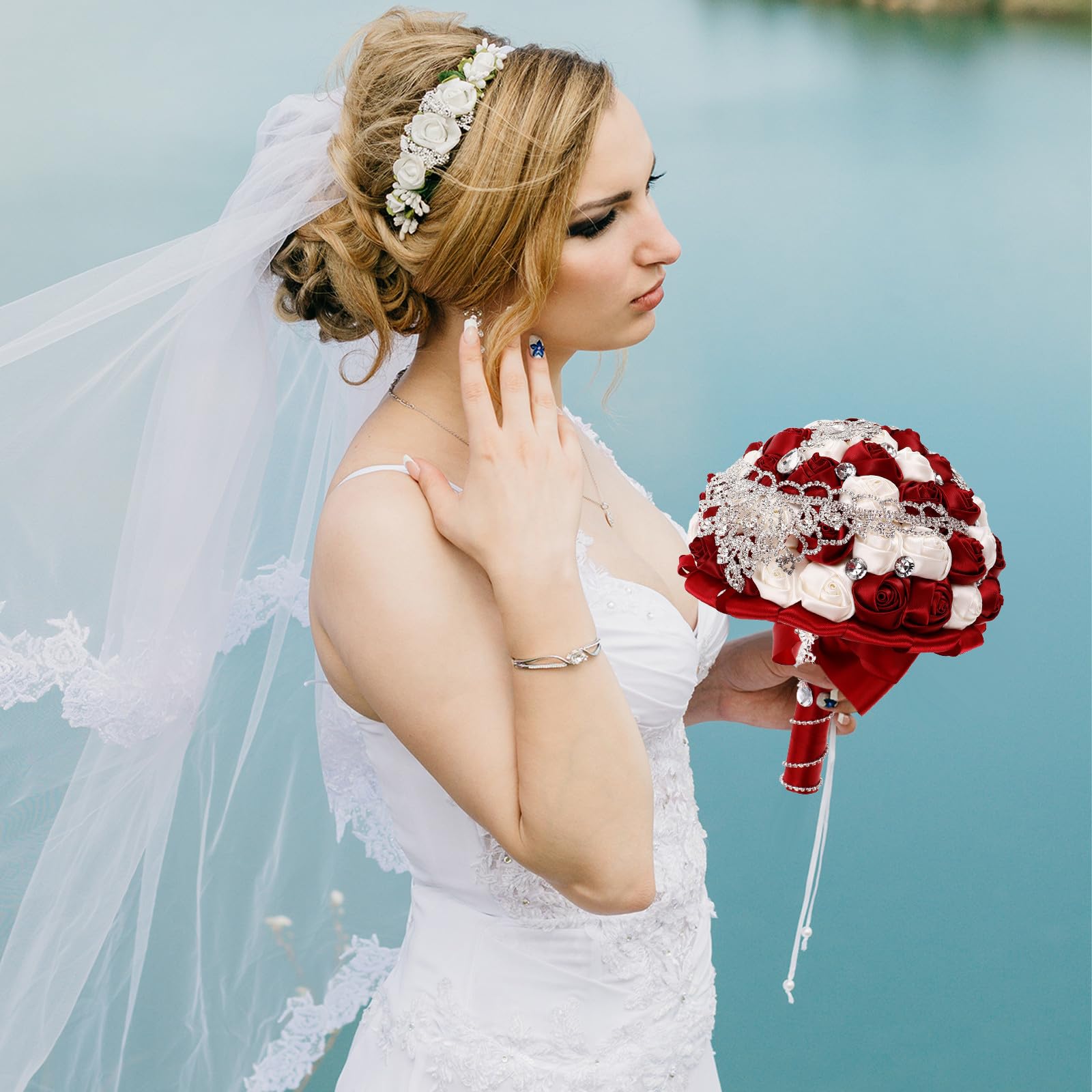 jojofuny Bouquet da Sposa e Damigella Rose Artificiali, Strass