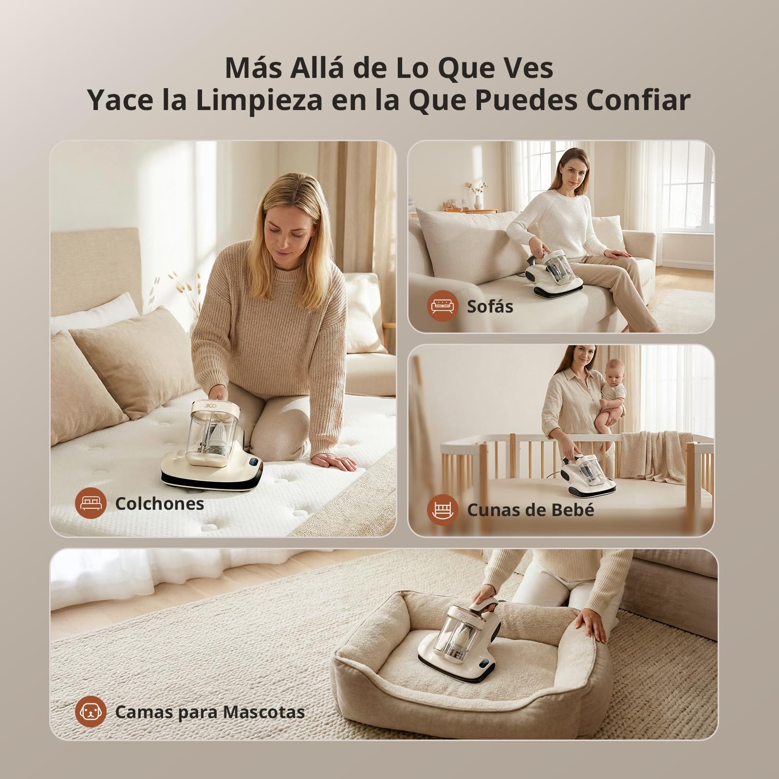 JIGOO S100 Aspirador de ácaros, Aspiradora Antiacaros para colchones con Sensor de ácaros, Pantalla LED, vibración, luz UV, ultrasonido, Elimina 99.9%, Especial Alergias, para Colchones y Sofás