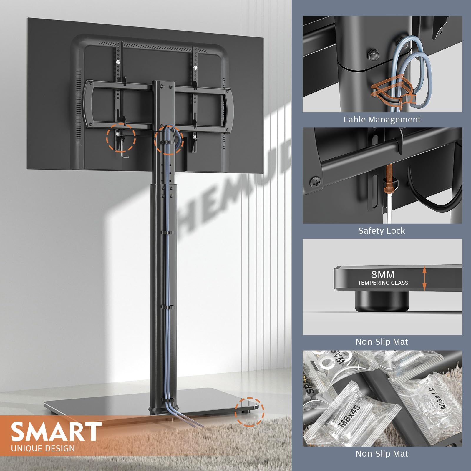 Soporte TV Pie, Mueble Soporte TV Suelo con Giratorio de 80°y Altura Ajustable, Poco Espacio para TV, LCD, LED, OLED de 27 a 65 Pulgadas, VESA MAX de 400X400 mm