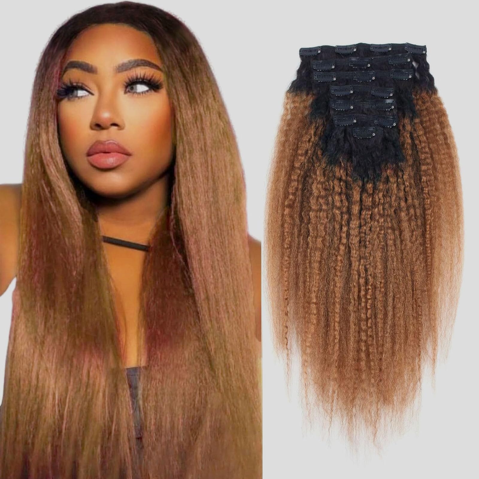AmazingBeauty 8A Texlaxed Kinkys Straight Ombre Hair Clip Extensions Double Weft Real Remy Human Hair for Black Women, Natural Black Fading into Light