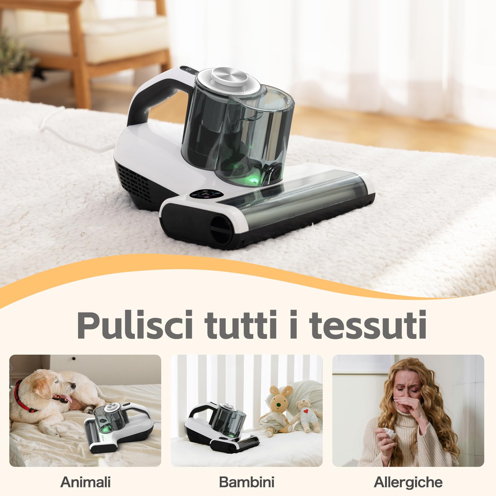Dibea Aspirapolvere a mano per materassi, 18 kpa aspirapolvere acari per materassi, 450 W, sensore acari della polvere, indicatore LED, 60 ℃ vento caldo, ultrasonico, rimuove 99,99% cimici, batteri