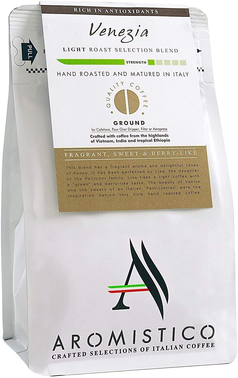 Aromistico VENEZIA - Intense Crema Light Roast - Fragrant, Sweet & Berry-Like - GROUND Coffee - Small Batch Hand-roasted - Italian Family-Run Artisan Roastery - Vietnam, India & Ethiopia Blend