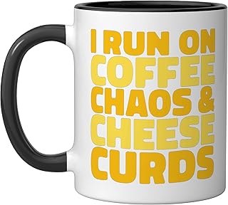 I Run On Coffee Chaos & Cheese Curds Dairy Milk Foodie Ceramic Mug, Black/White