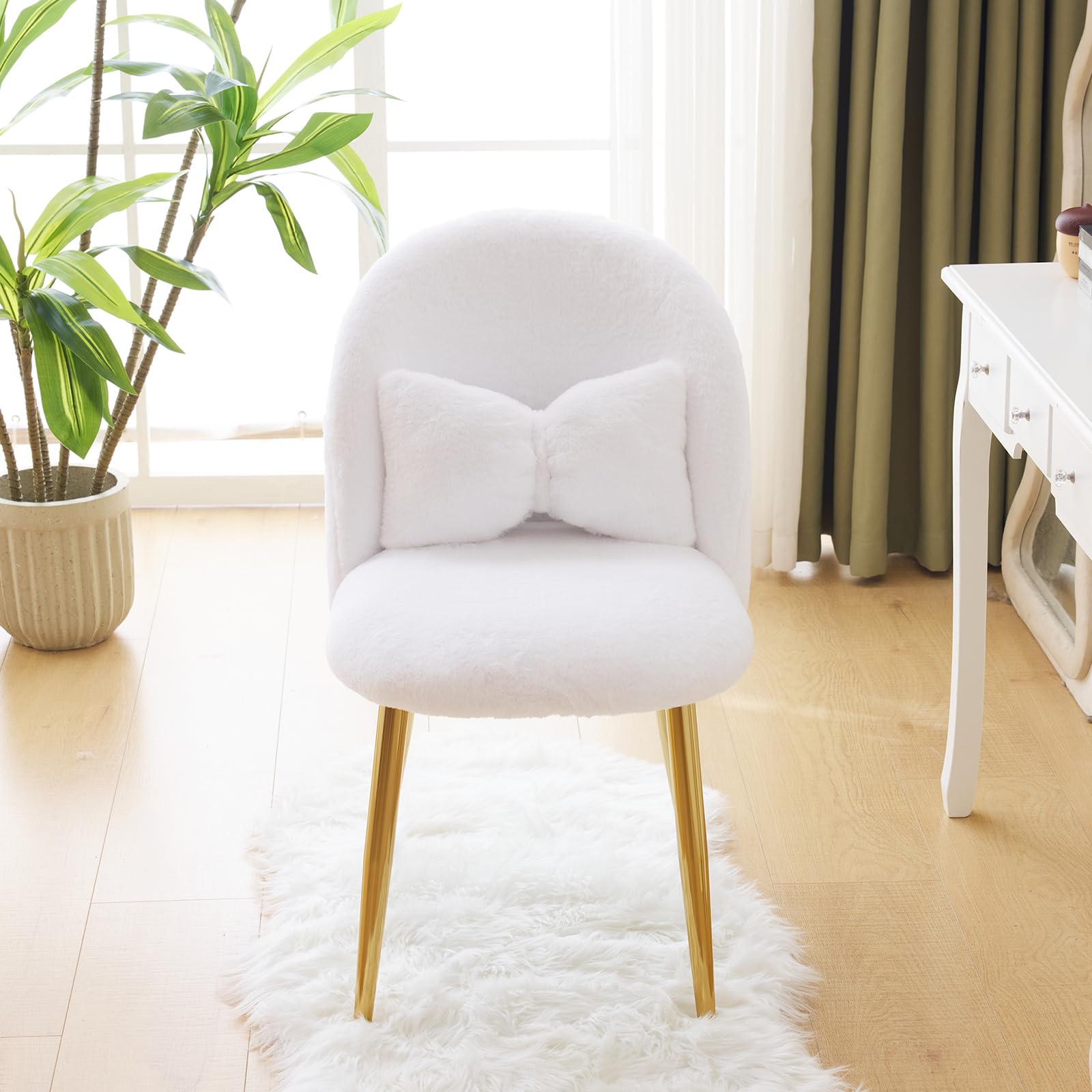 Bonnlo Poltrona Relax, Sedia da toeletta, Poltrona con Cuscino Nodo, Schienale Curvo senza Braccioli, per Soggiorno, Ufficio, Camera da letto, Peluche Coniglio, Bianco, 55 x 48 x 78,5 cm