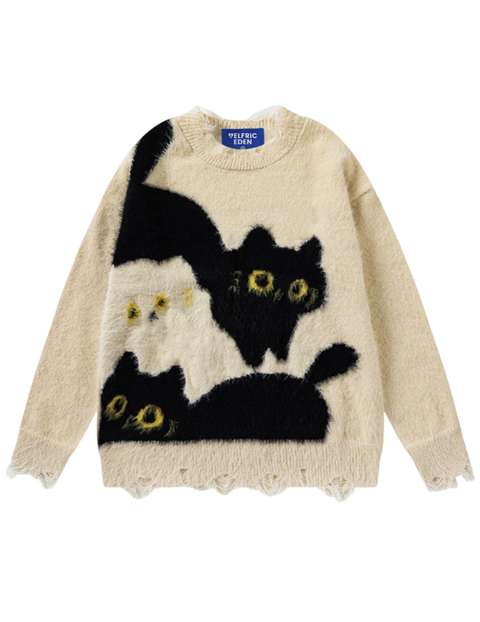 Aelfric Eden Womens Pullover Sweater Color Blocking Cat Graphic Sweater Casual Soft Warm Fall Winter Knitted Tops