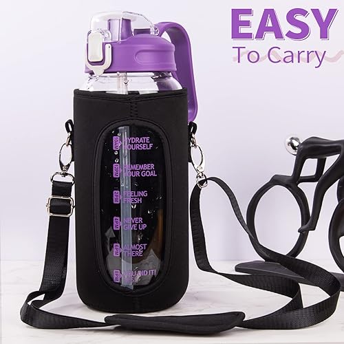 Miniatura 9 de Botella de agua de vidrio motivacional de 64 onzas con popote y marcador de tiempo, jarra de agua grande reutilizable de medio galón, botella de