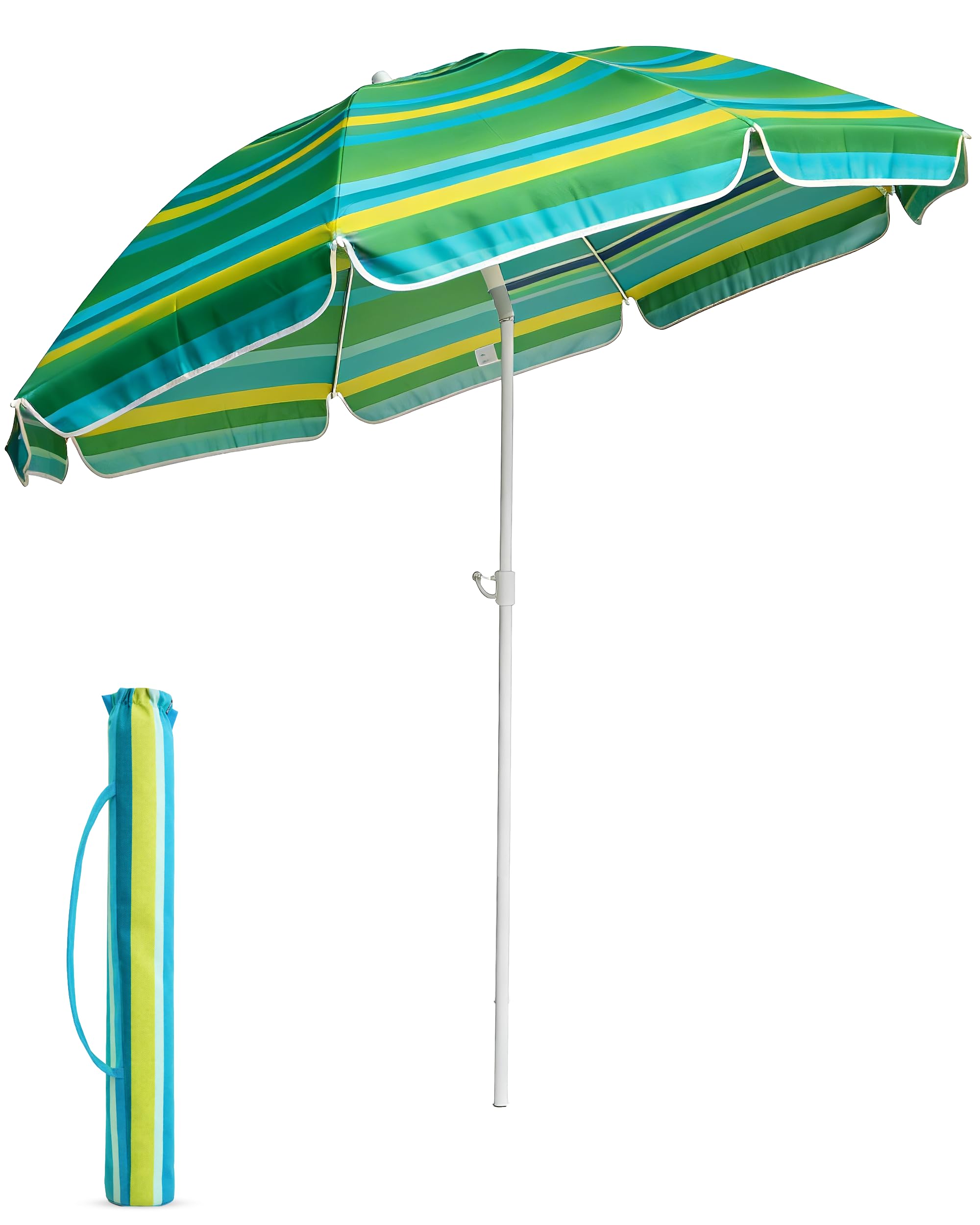 Voyager 1.6m Beach Umbrella with Bag – Outdoor Parasol with Two-Piece Stick, Waterproof Polyester Canopy, Adjustable Tilt Rotary Joint, Easy Assembly & Space-Saving Design – Blue and Lime