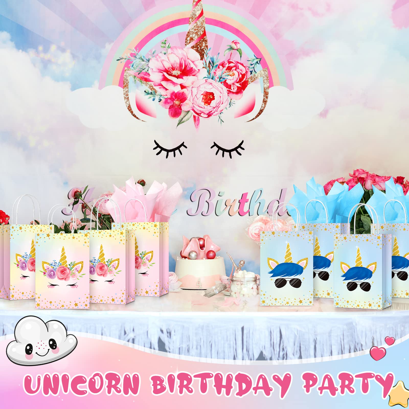 Sherr 30 Pcs Unicorn Party Favor Bags with Handles Tissue 8.3 Inches Paper Candy Treat Goodie Gift Unicorn Party Supplies for Kids Girls Boys Gender Reveal Baby Shower Birthday Decorations