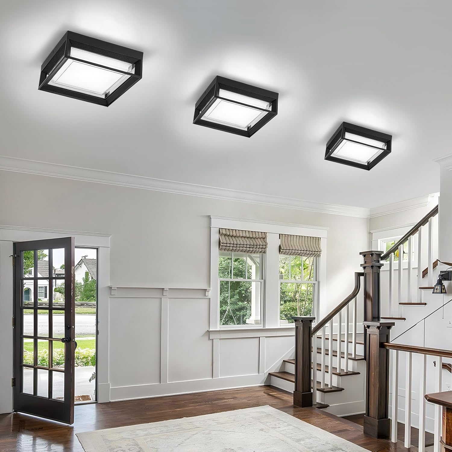 Square Flush Mount Outdoor LED Ceiling Light Fixture, 120V 24W 6000K Whitelight 9 inch Medium Overhead Porch Patio Balcony Lights Ceiling Mounted, Waterproof Suitable for Wet Areas, Black