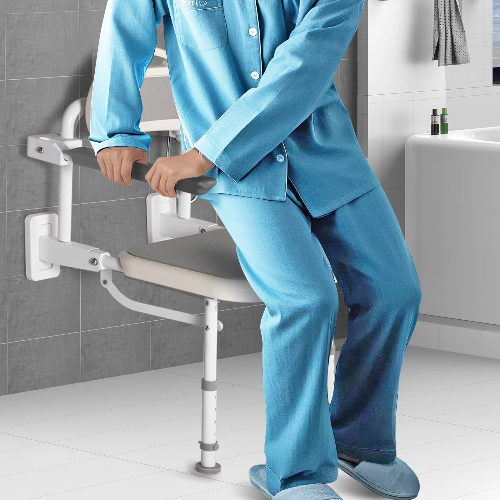 NEWTRY 18” Folding Shower Seat Wall Mounted, 330lb Fold Down Shower Seat with Armrests & Back, Foldable Shower Chair for Home Care Seniors Disabled, Padded Seat and Back, for Bathroom Inside Shower