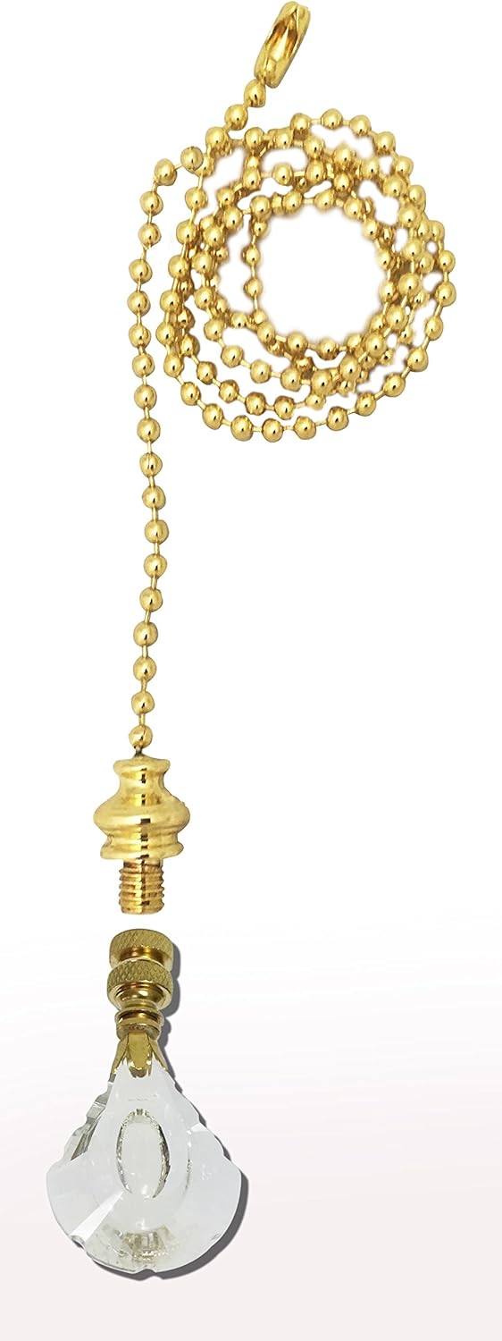 Royal Designs Celling Fan Pull Chain Extension with Designer Cut Crystal Finial, Polished Brass, Set of 2