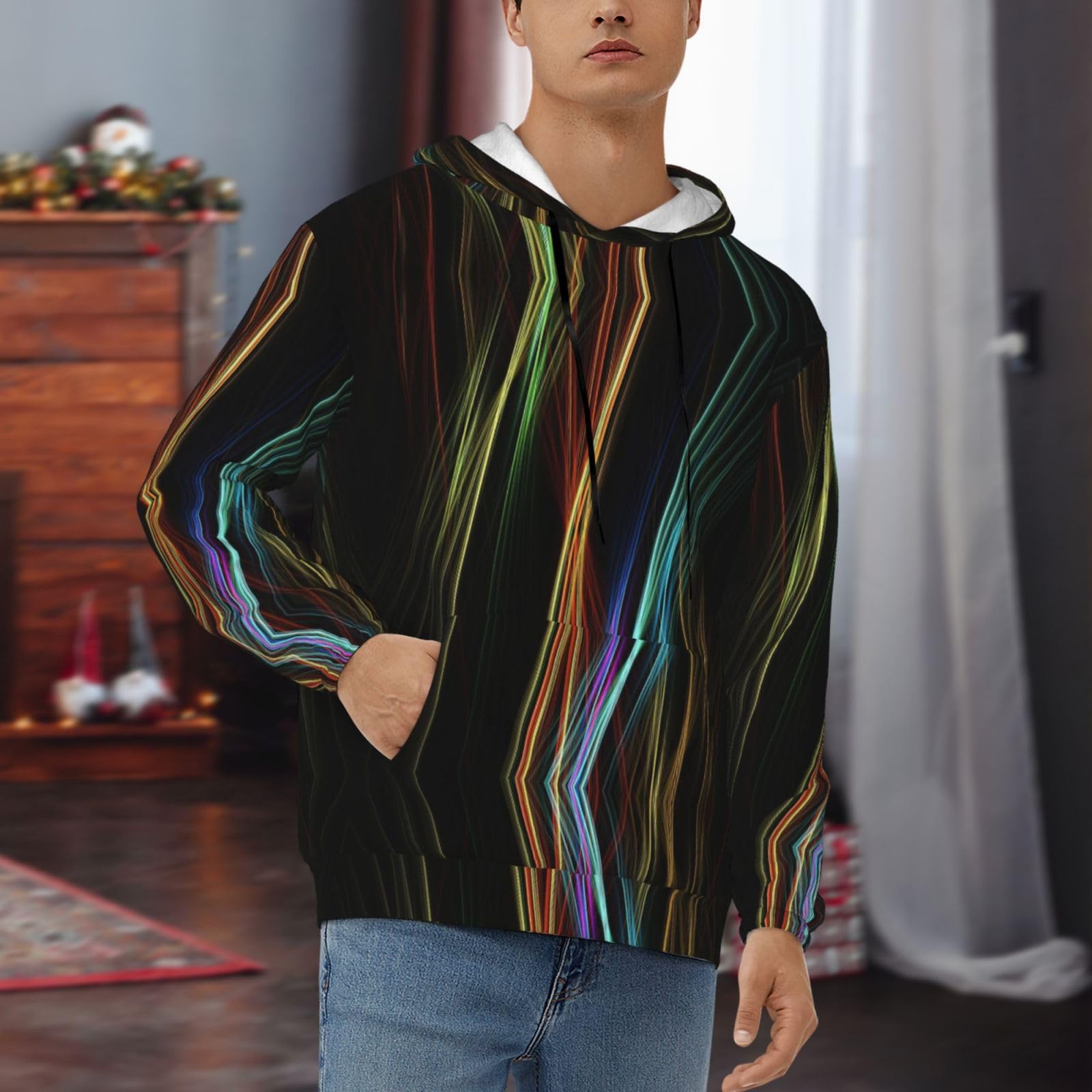 Męska bluza z kapturem z kolorowymi liniami z nadrukiem artystycznym, casualowa grafika z nadrukiem bluzy z kapturem z kieszenią