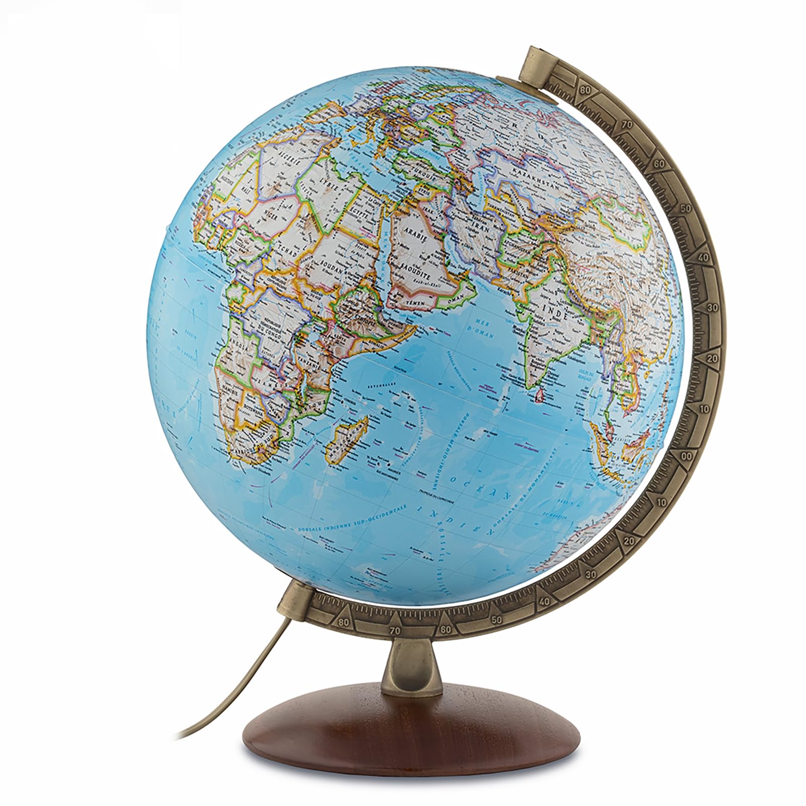 Globe terrestre National Geographic Edge Classic 30 cm lumineux cartographie physique politique socle bois méridien métal français