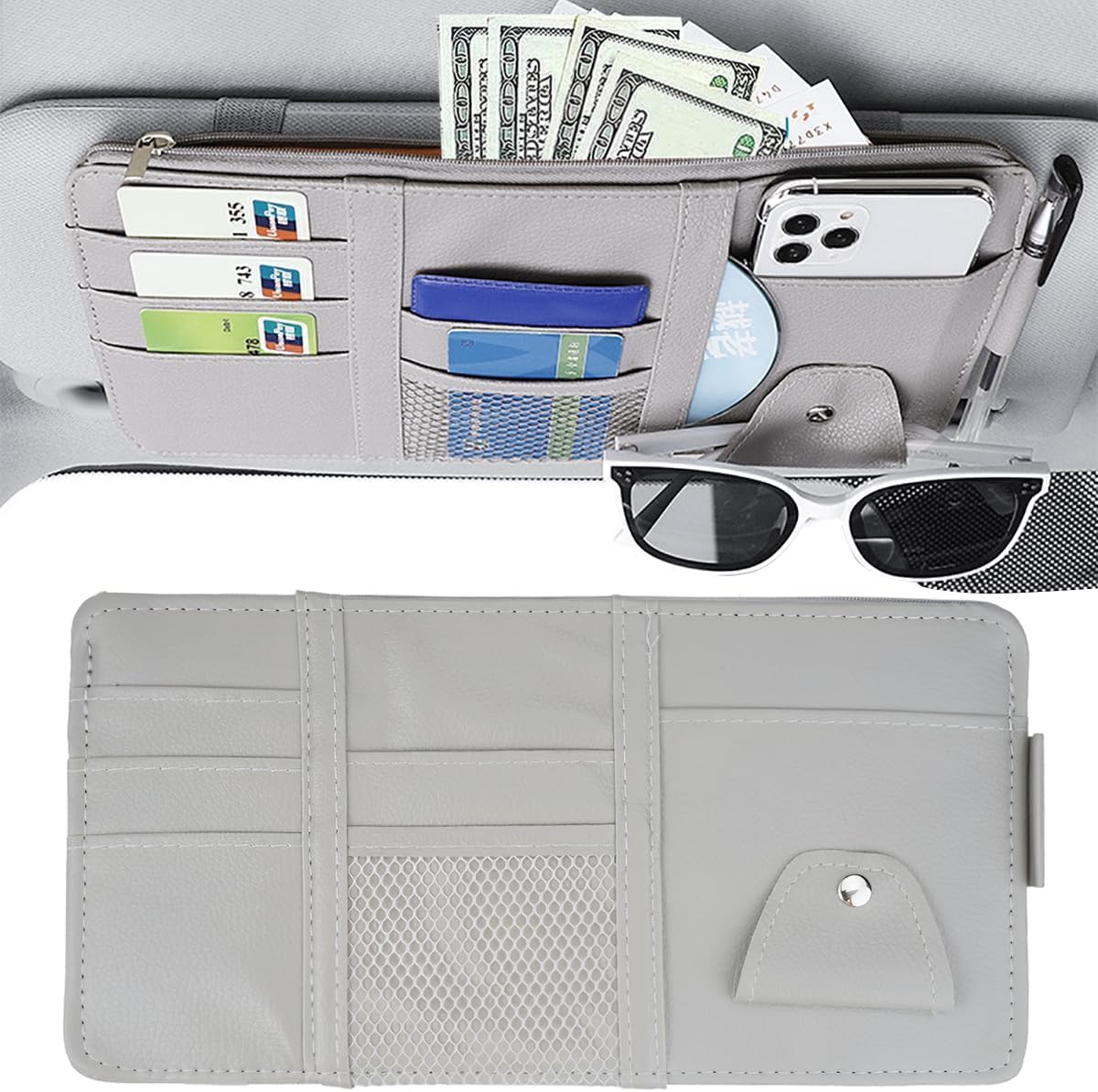 QIZUN Car Sun Visor Organiser for SEAT Exeo Saloon(3R2)(2008-2026), Auto Interior Pocket, Premium Faux Leather Sleeve, Slim Vehicle Document Holder,White