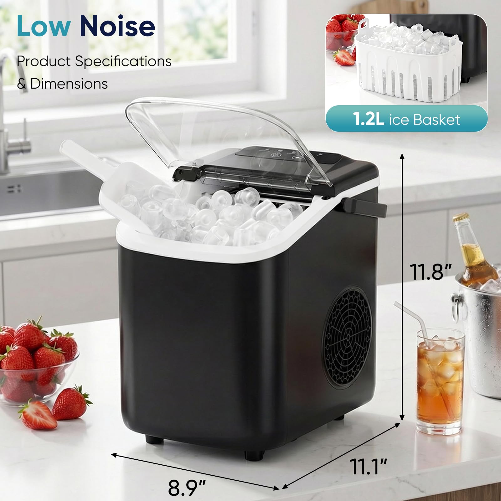 Dumos Ice Makers Countertop,26.5lbs/24h,9 Cubes In 6 Mins,Portable Ice Maker Machine With Self-Cleaning,Ice Scoop, Basket And Handle2 Sizes Of Bullet Ice,Perfect For Home Kitchen(Deep Black) on Fridge.com - View 2