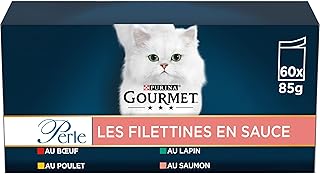 GOURMET | PEARL | Filettines in Sauce | Complete Food for Adult Cats | 100% Complete and Balanced Recipe | Beef, Rabbit, Chicken, Salmon | Fresh Sachets | 60x85g