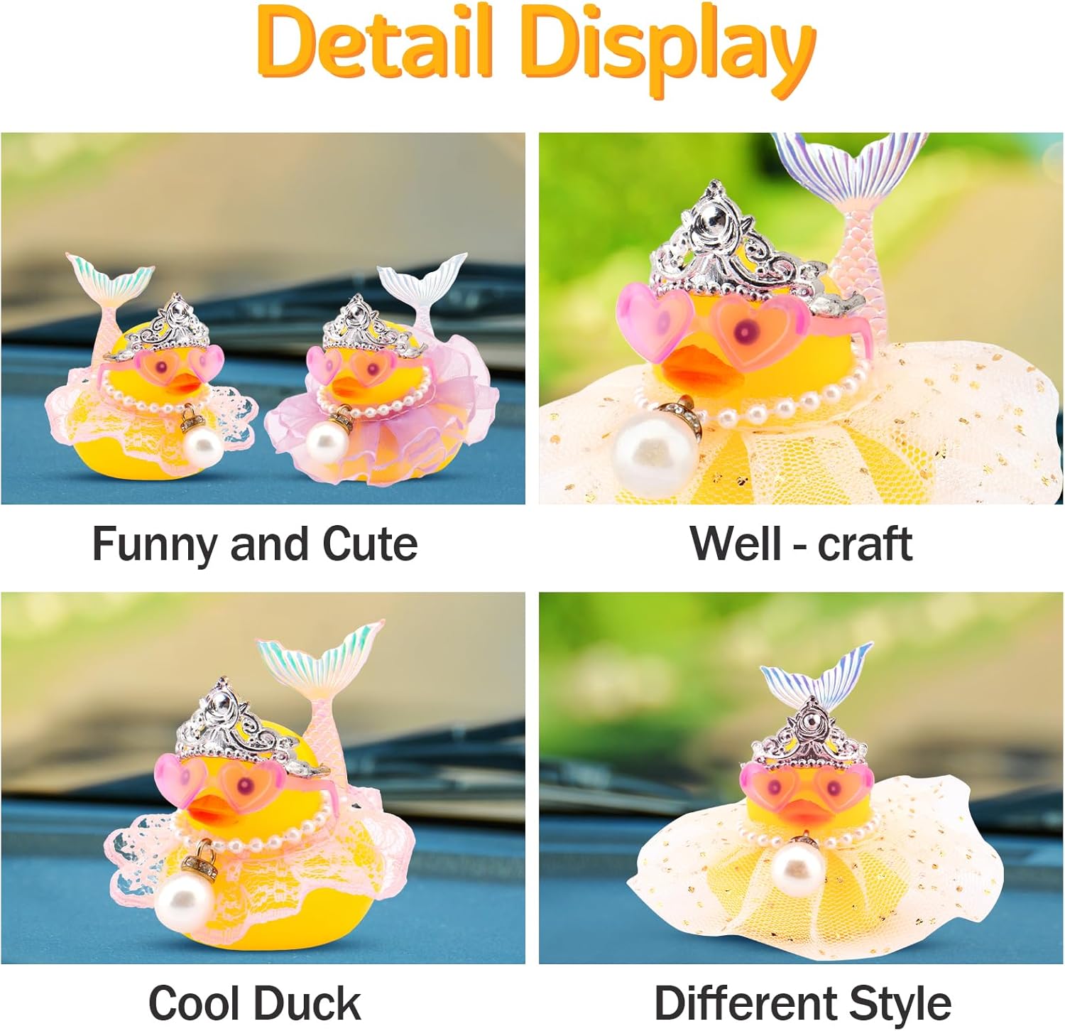 wonuu Mermaid Rubber Duck Decoration Cute Car Accessories Car Ducks for Dashboard with Skirt Love Heart Glasses Necklace, Purple Skirt