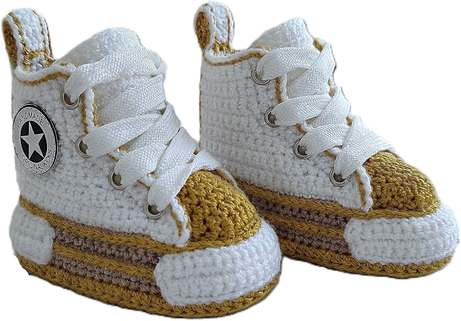 Crochet Baby Sneakers Mustard White for Boy Girl, Newborns Toddlers Walker Booties, Non Slip Soft Sole Crib Shoes, 0-3M 3-6M 6-9M 9-12M