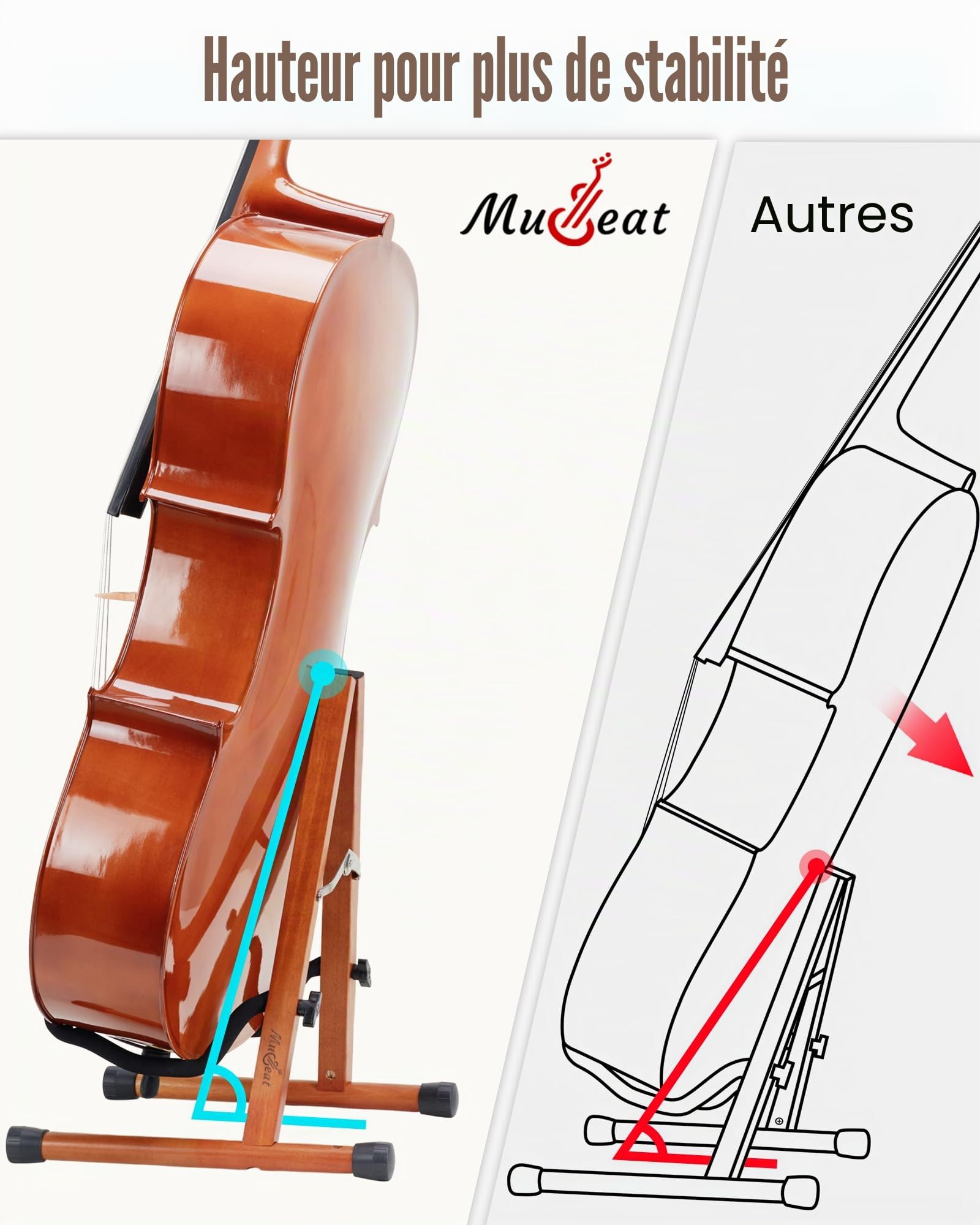 Support de violoncelle en forme de A avec mousse rembourrée, support de violoncelle en bois fabriqué à la main avec trou pour archet pour violoncelle, support en bois d'acajou pour violoncelle