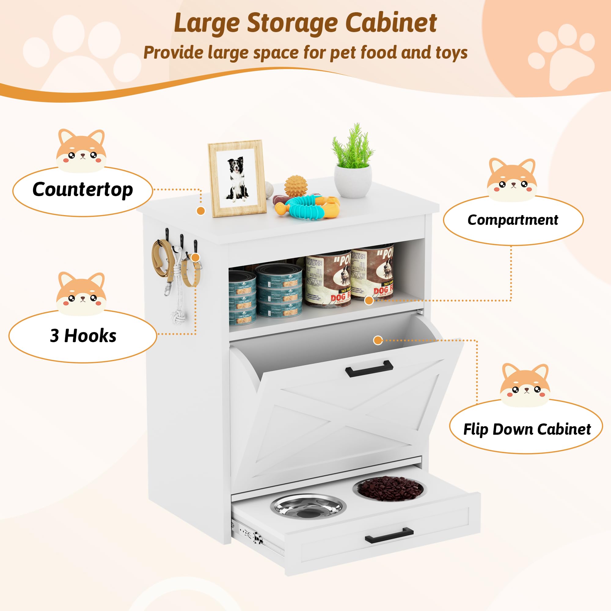 Armadietto moderno per alimenti per cani con 2 ciotole rialzate, stazione di alimentazione per animali domestici con organizer, mobile per alimenti per animali domestici, inclinabile, bianco