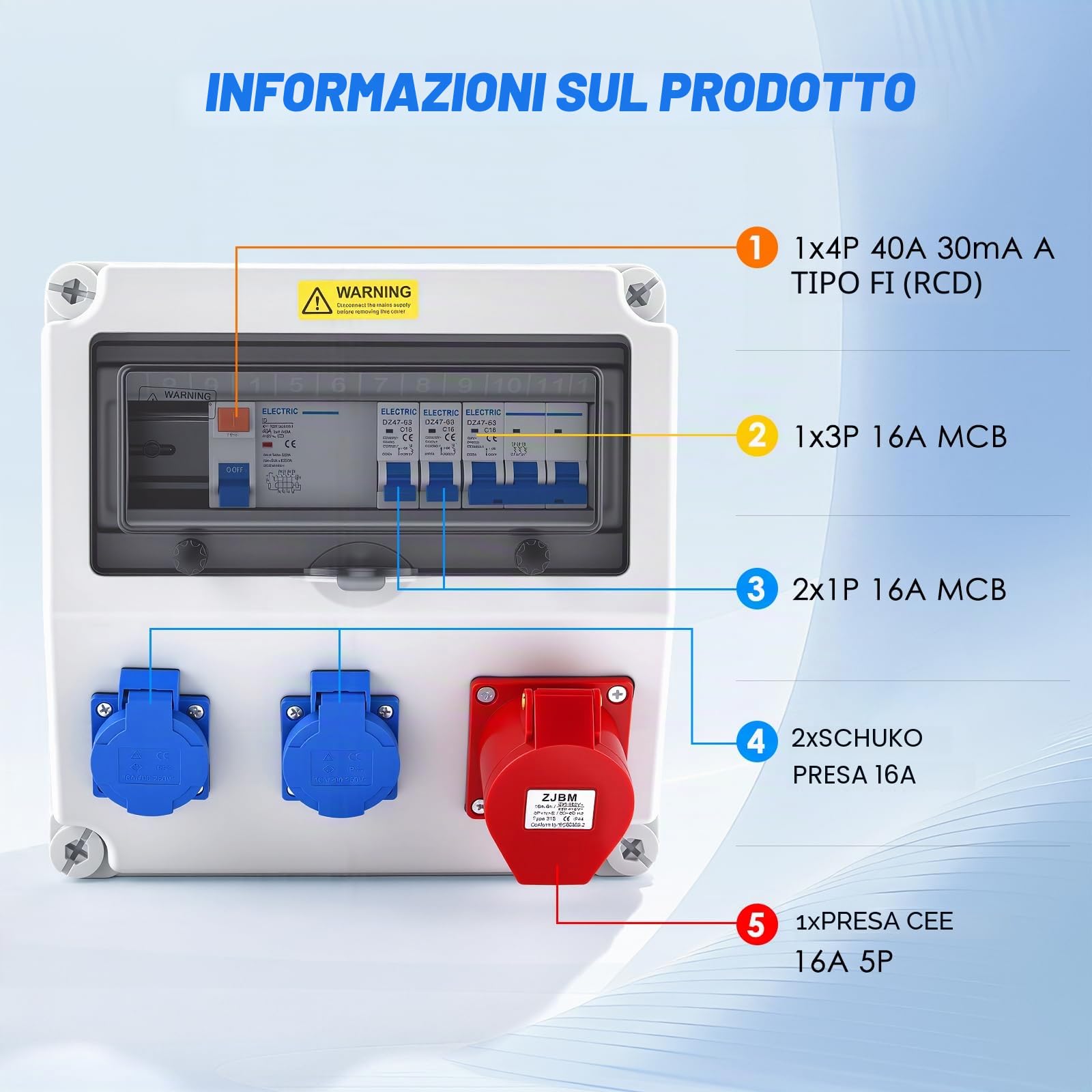 Scatola di Distribuzione a Parete con interruttore automatico e dispositivo di corrente residua, Impermeabile Quadro Elettrico da Cantiere con presa Schuko e presa CEE da 16 A