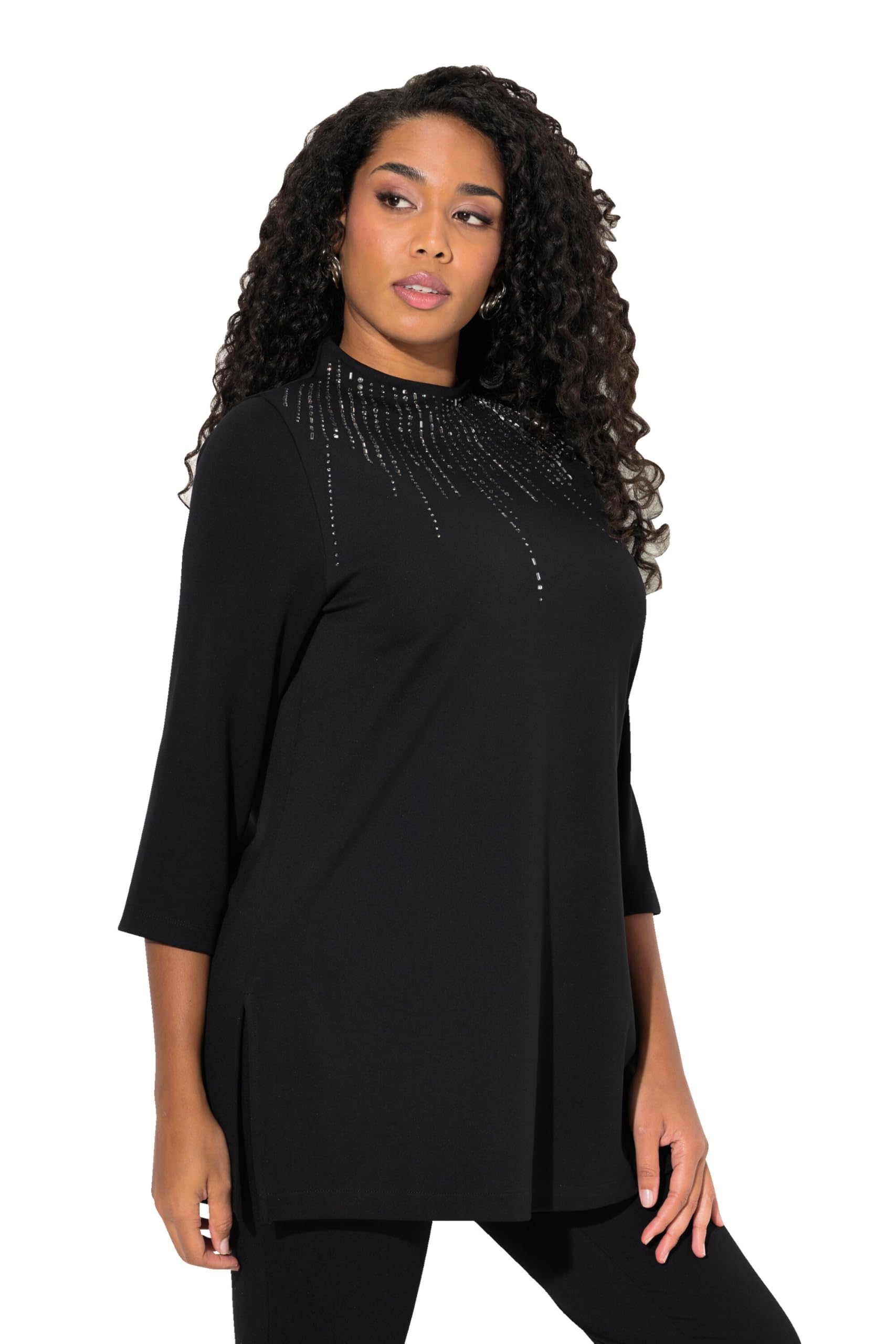 Ulla Popken Damen große Größen Übergrößen Plus Size Sweatshirt, Ziersteine, A-Linie, Stehkragen, Langarm 834710