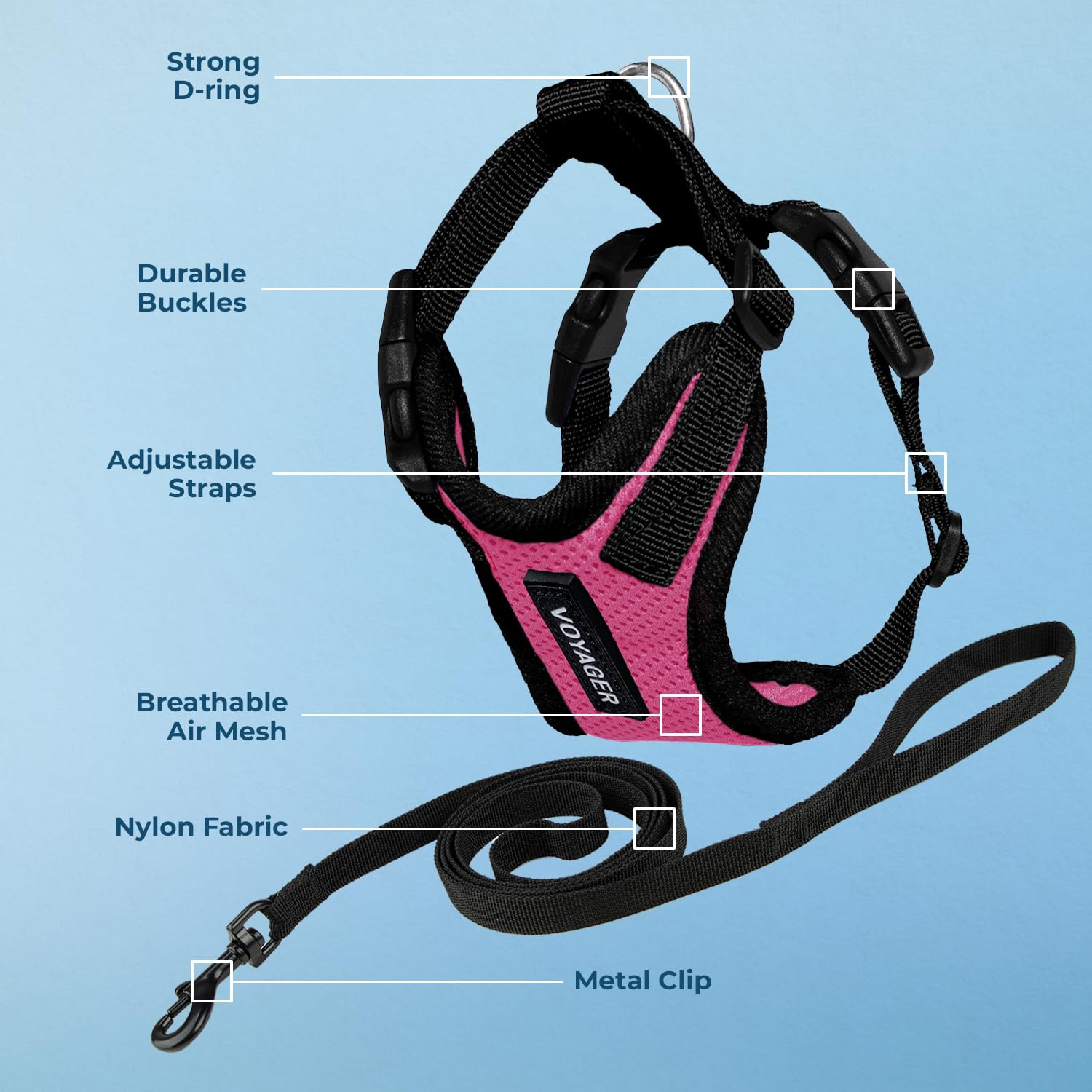 Voyager Step-in Lock Adjustable Cat Harness w. Cat Leash Combo Set with Neoprene Handle 5ft - Supports Small, Medium and Large Breed Cats by Best Pet Supplies - Fuchsia/Black Trim, XXXS - 3