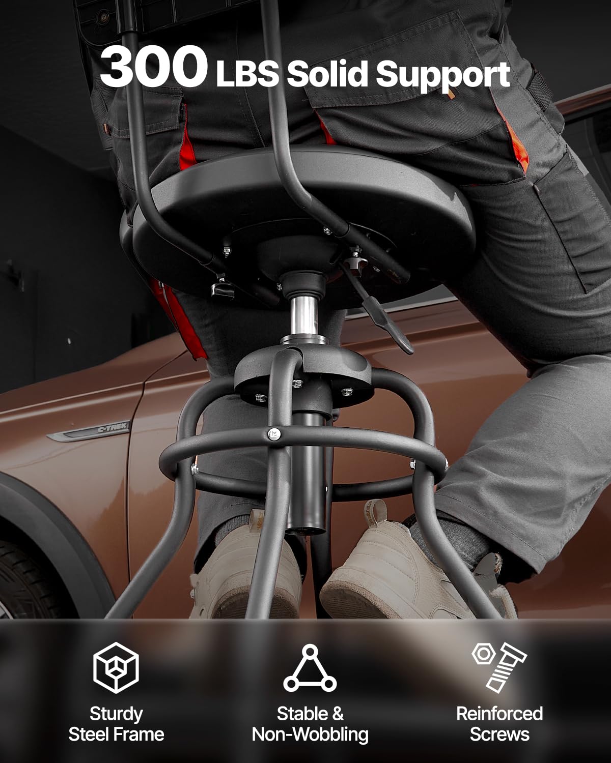 VEVOR Taburete de Taller con Respaldo Asiento de Garaje Carga de 136 kg Taburete de Trabajo Altura Ajustable 103-114 cm Giratorio de 360° para Garaje, Taller, Reparación de Automóviles, Negro