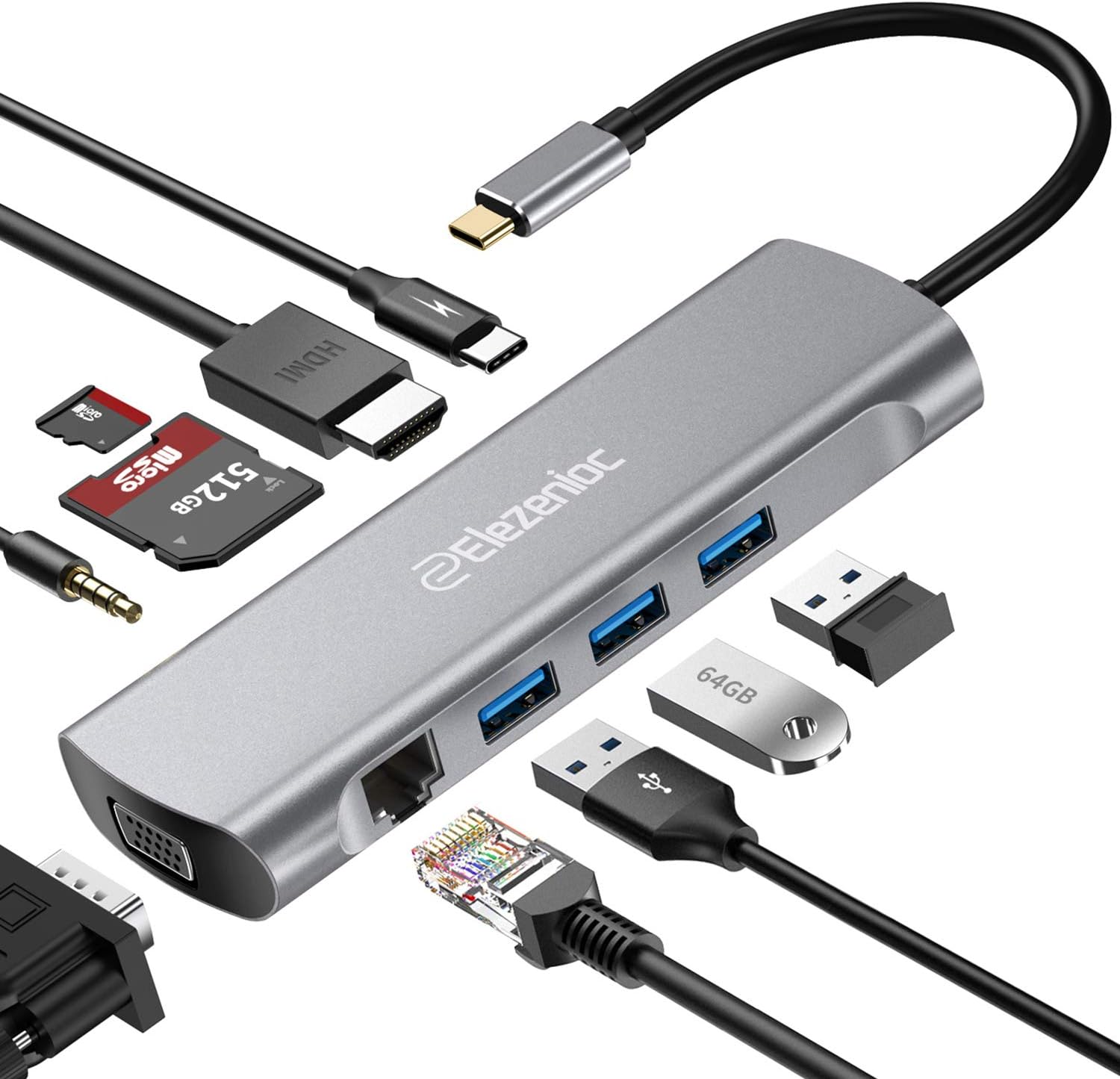 USB C Hub Adapter, 10-in-1 USB C Adapter with 4K USB C to HDMI, VGA, 3 USB 3.0, SD/TF Card Reader, 1Gbps Ethernet, 87W Power Delivery, Audio Jack for MacBook Pro 2019, iPad Pro 2019, Pixelbook