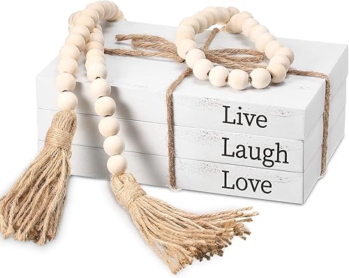 3 libros decorativos blancos de imitación para decoración de granja, libros apilados con guirnalda de cuentas de madera de 58 pulgadas para sala de