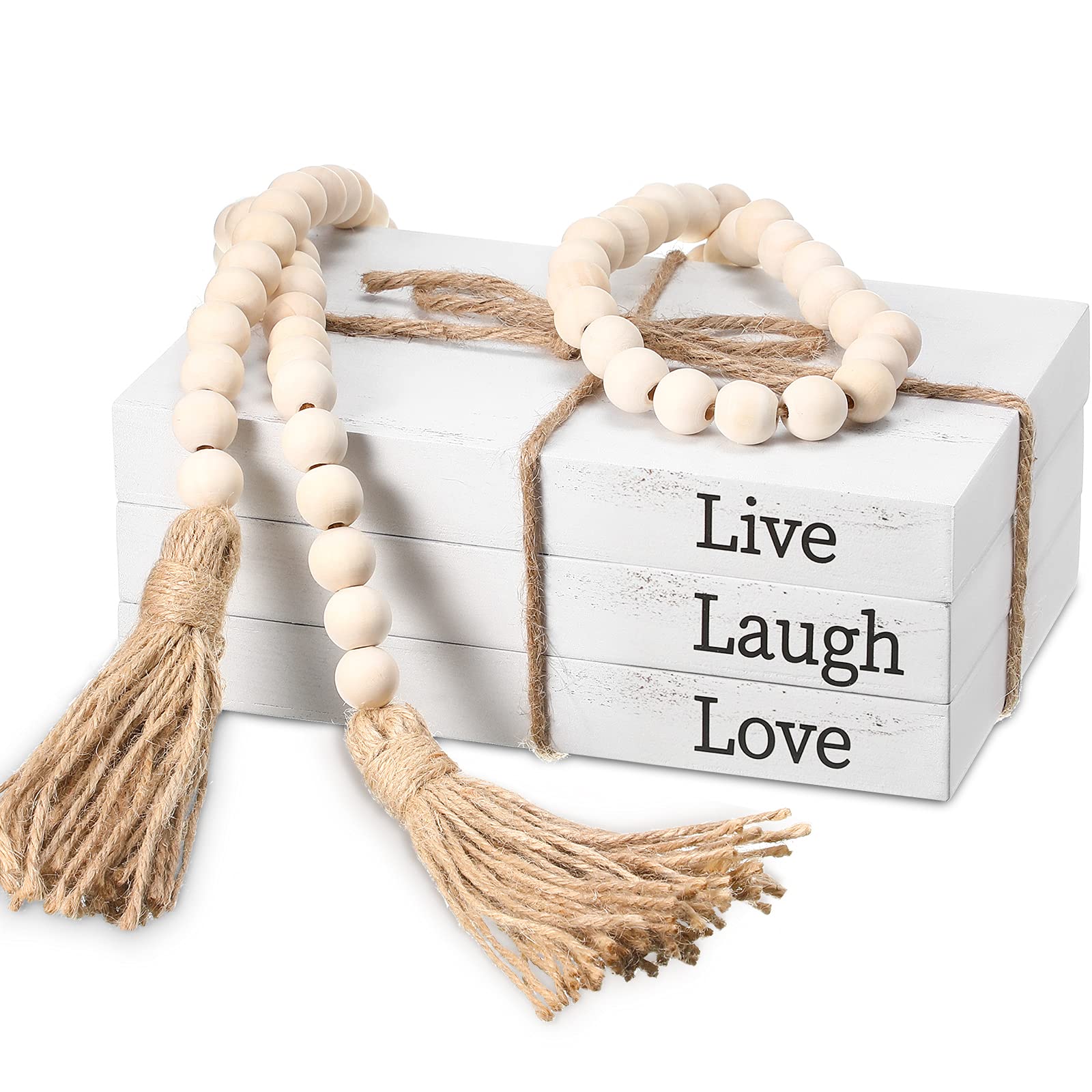 3 Pcs Decorative Books for Home Decor White Faux Books Decoration Farmhouse Stacked Display Books with Wood Bead Tassels for Coffee Tables, 58 in (Love)