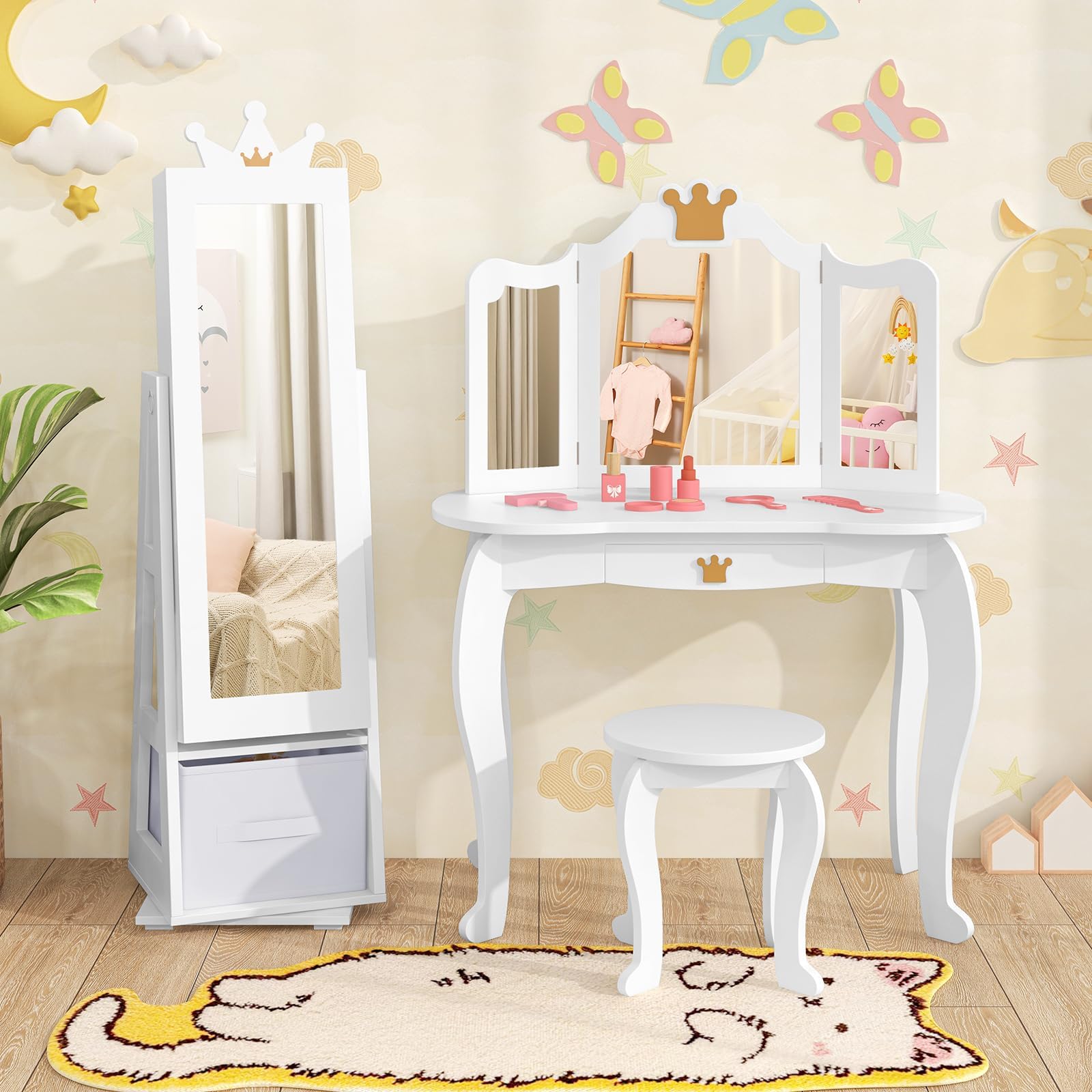 FANTASK Armoire à bijoux 3 en 1 pour enfants - Pivote à 360° - Avec miroir pleine longueur et panier de rangement - Blanc - Étagère à bijoux - Miroir de maquillage en forme de couronne - Pour enfants