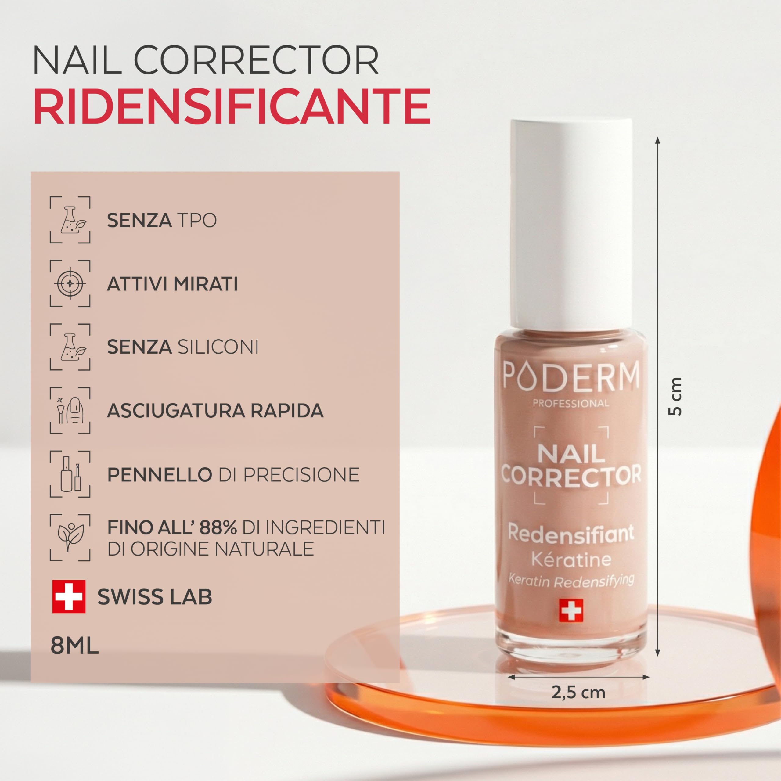 PODERM Smalto Trattamento Unghie Correttivo e Perfezionatore Cheratina | Ridensificante e Indurente 8 ml | Rinforza struttura dell’unghia con finish nude naturale | Sviluppato da Podologo in Svizzera