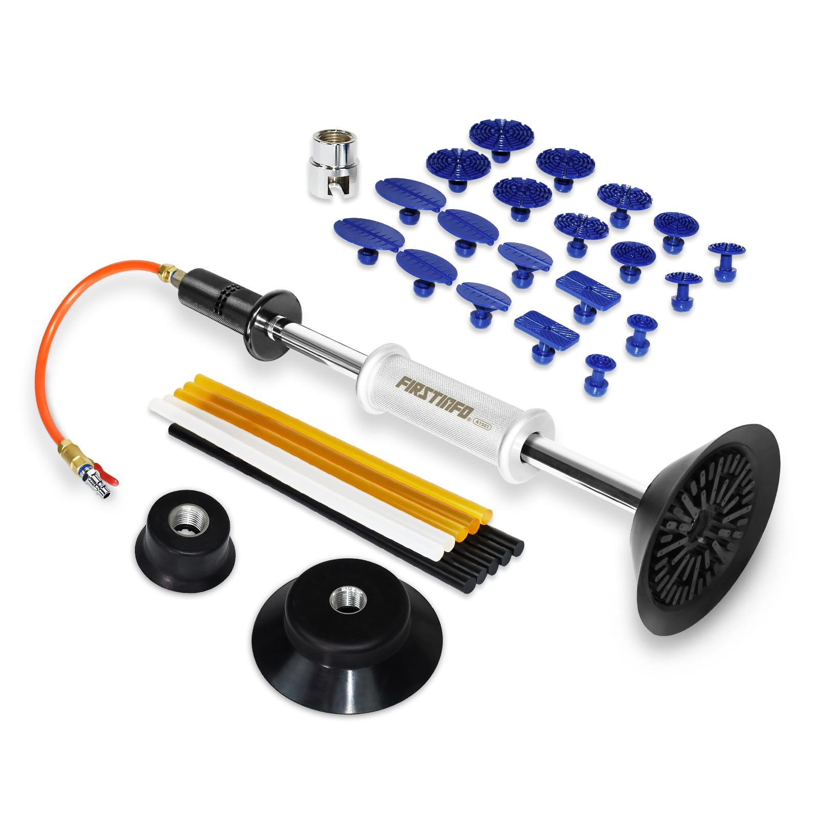 FIRSTINFO Pneumatischer Dellenzieher Set mit Gleithammer 3 Saugnäpfen und 20 Klebeadaptern Druckluft Ausbeulwerkzeug für lackfreie Auto Dellenreparatur, A1501EUY1