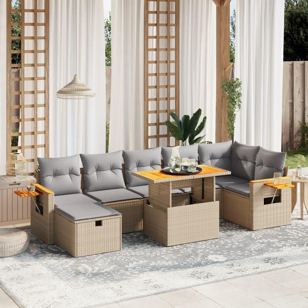 Salon Jardin modulable 8 pièces Beige résine tressée avec Coussins, canapé Fauteuil, Table Basse réglable, Rangement intégré pour terrasse Balcon Patio détente Repas convivialité