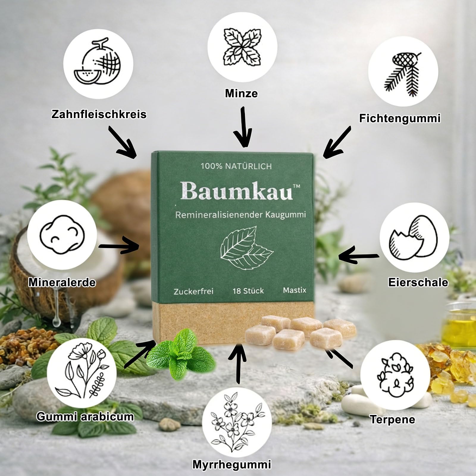 Baumkau Remineralisierender Kaugummi, 18 Stück Baukau Kaugummi, Zuckerfrei Kaugummis, Frischer Atem und Emailschutz, Sanft und Nicht Reizend, für Empfindliche Zähne Geeignet, Minze (1 Box)