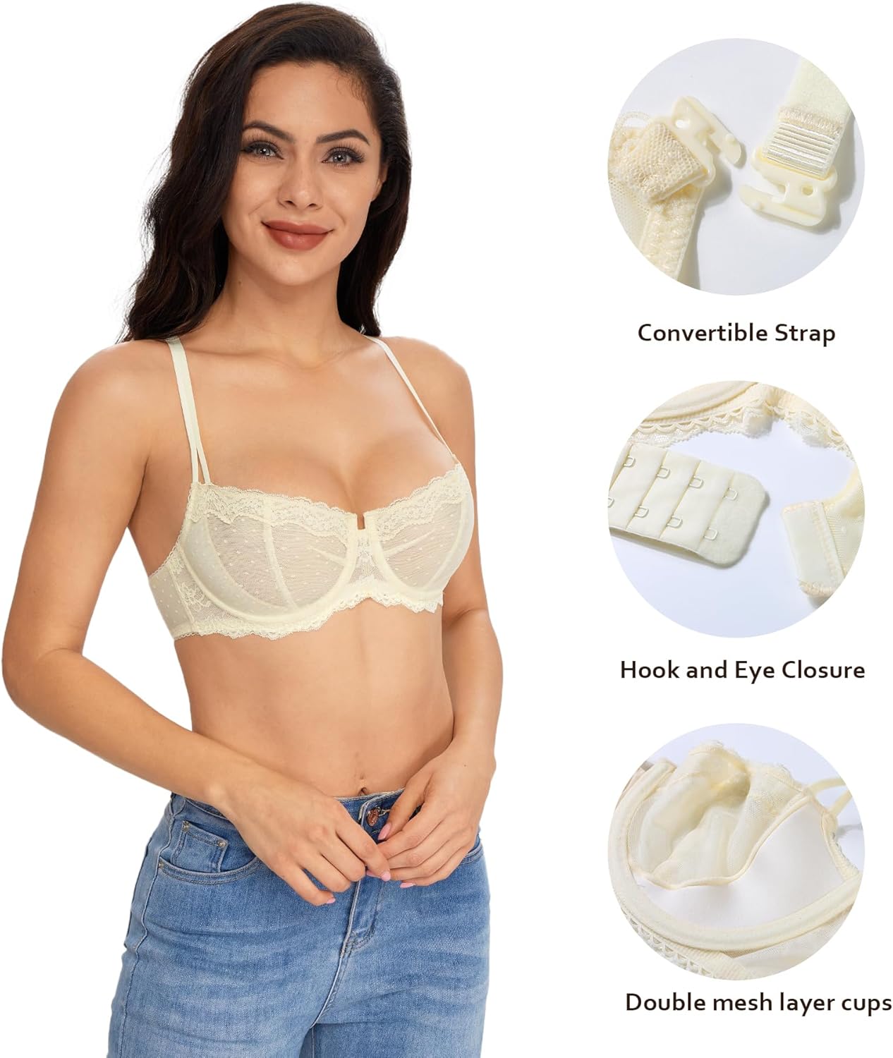 Lemorosy Women's Non-Padded Underwire Lace Balconette Unlined Demi Sheer Bra - Image 2