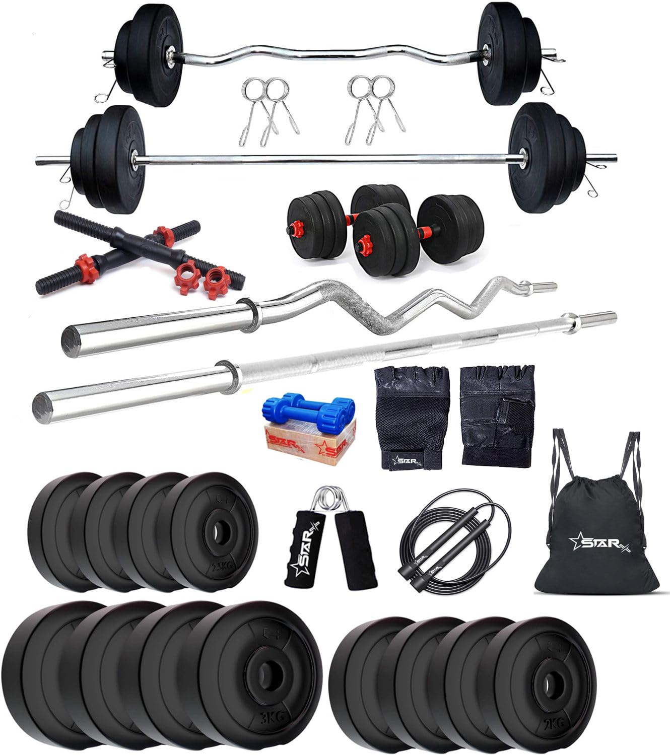 StarX 30 Kg Weight Plates with Rods, Leather Gym Gloves Set Dumbbell Exercise Set (Multicolour, 1 X 5ft, 1 X 3ft, 2 X 14-Inch)-image-19