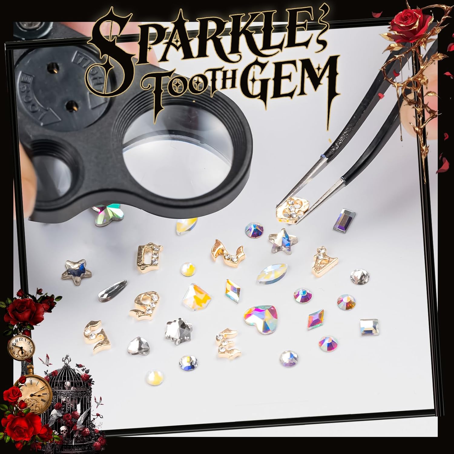 WATRZ 10-Digit Tooth Gem Kit with Gold Plated Numbers | 484PCS Crystal Rhinestones, 17 Shapes & 4 Colors | Professional DIY Teeth Jewelry Set for Sparkling Teeth Gems (Gold)