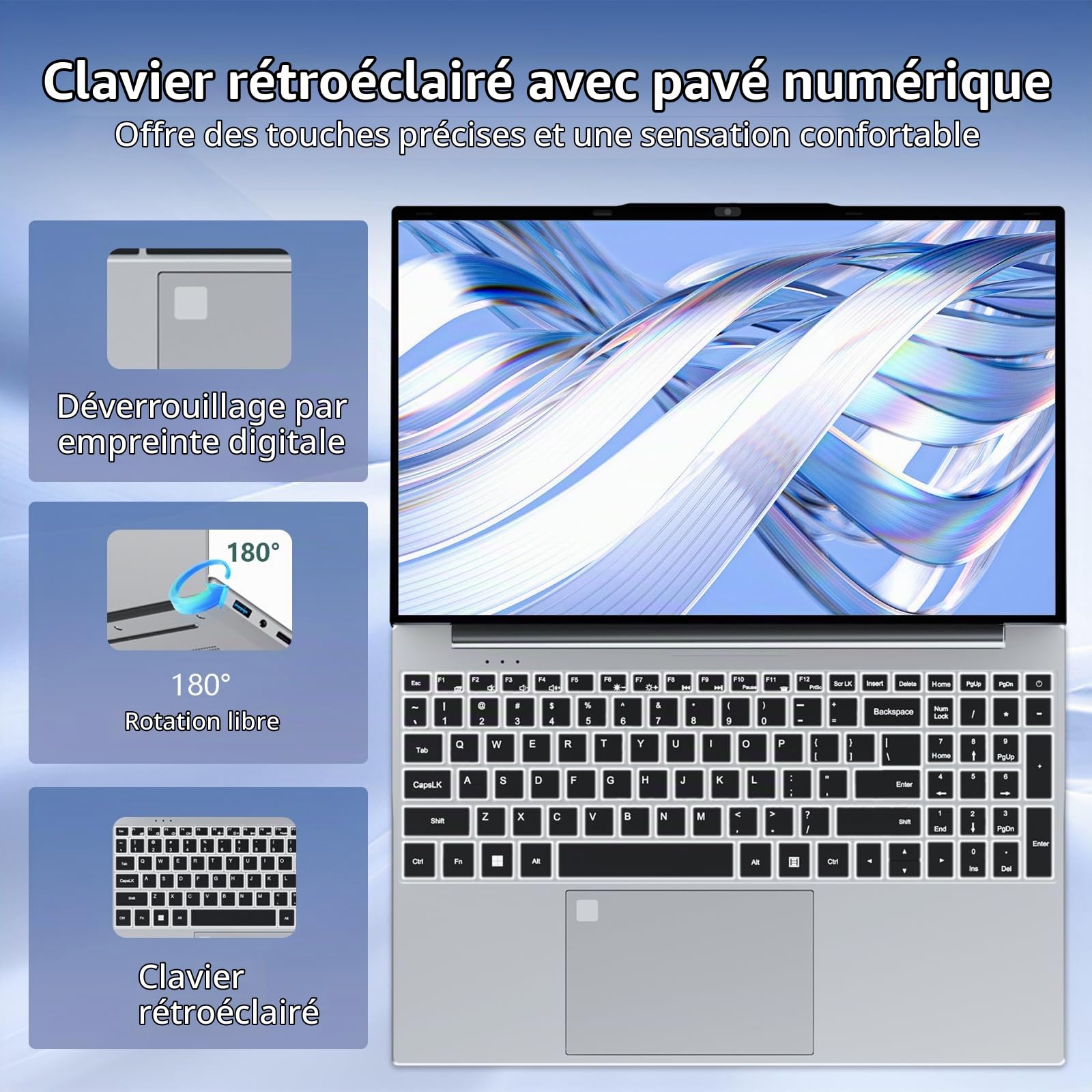15,6 Pouces Ordinateur Portable Celeron N5095 Processeur, PC Portable Win 11 16 Go RAM DDR4 512 Go SSD, Laptop FHD IPS Déverrouillage Empreinte Digitale Clavier Rétroéclairé USB 3.0 HDMI Bluetooth