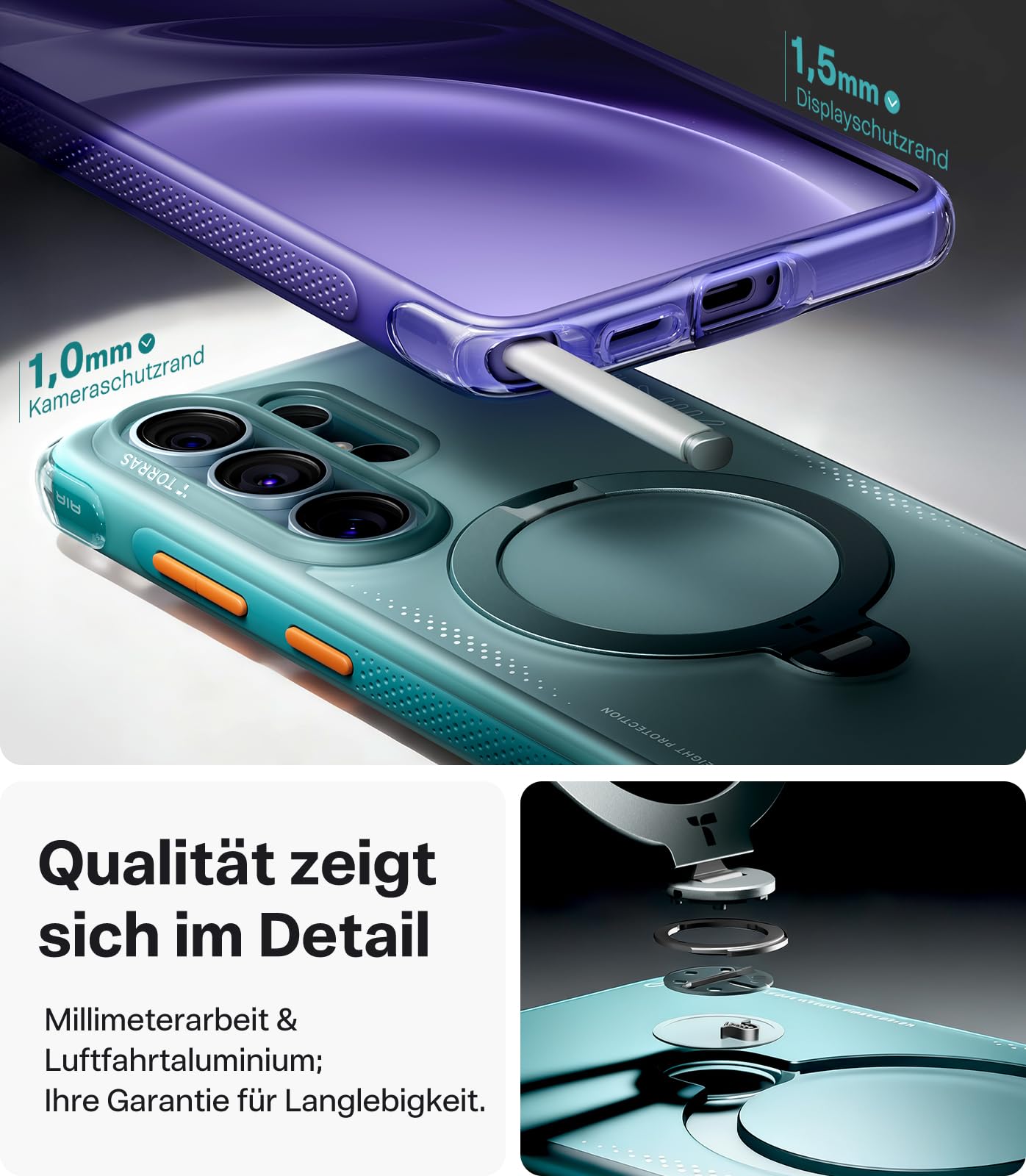 TORRAS Ostand Q3 Air für Samsung Galaxy S26 Ultra Hülle mit echtem Airbags Doppelter Schutz (360° Magnetischer Robust Ständer) Hülle Samsung S26 Ultra Case mit Kamerasteuerung Taste, Gletscher Blau
