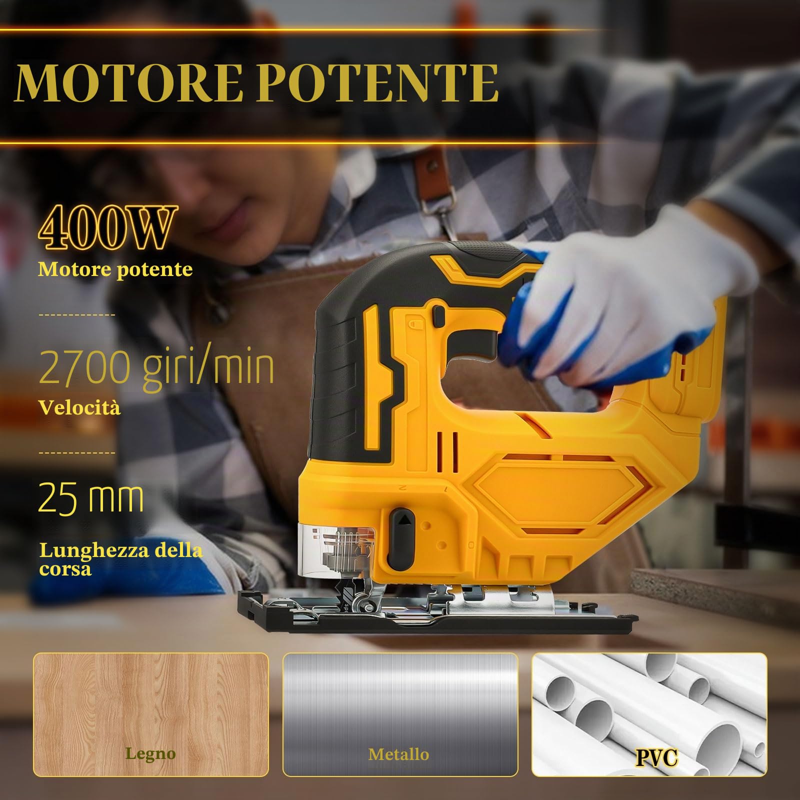Sega elettrica senza fili per DEWALT, seghetto alternativo 400W 2700RPM con taglio smussato a 45°, 3 impostazioni orbitali con 6 lame di ricambio per metallo, PVC, compensato, PVC (per DEWALT)